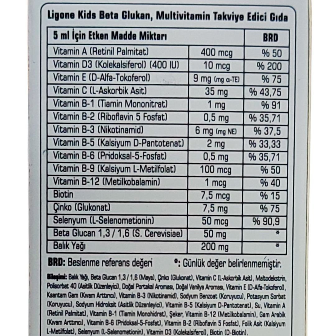 Ligone Kids Beta Glukan, Multivitamin, Multimineral, Vitamin C, Omega-3, Vitamin A, D3, E, B Complex İçeren 150 ml Takviye Edici Gıda