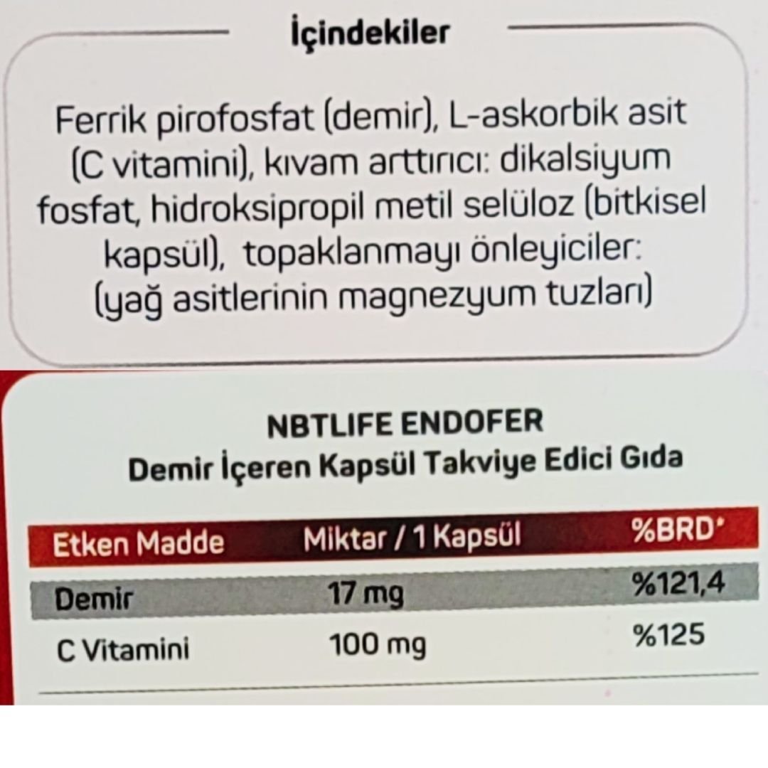 Nbt Life Endofer Demir + C Vitamini Takviye Edici Gıda 30 Kapsül