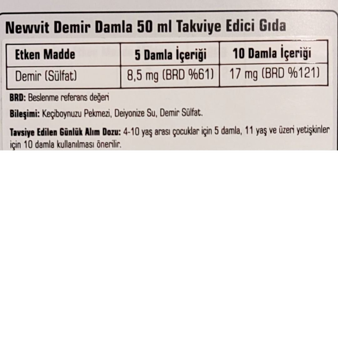 Newvit Demir Sülfat Damla 50 ml Takviye Edici Gıda