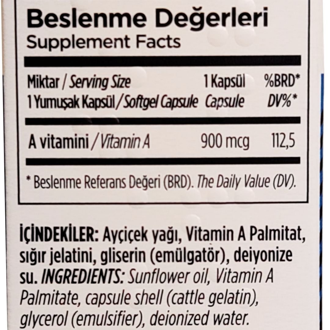 Zade Vital A Vitamini  900mcg  3000 I.U 30 Yumuşak Kapsül