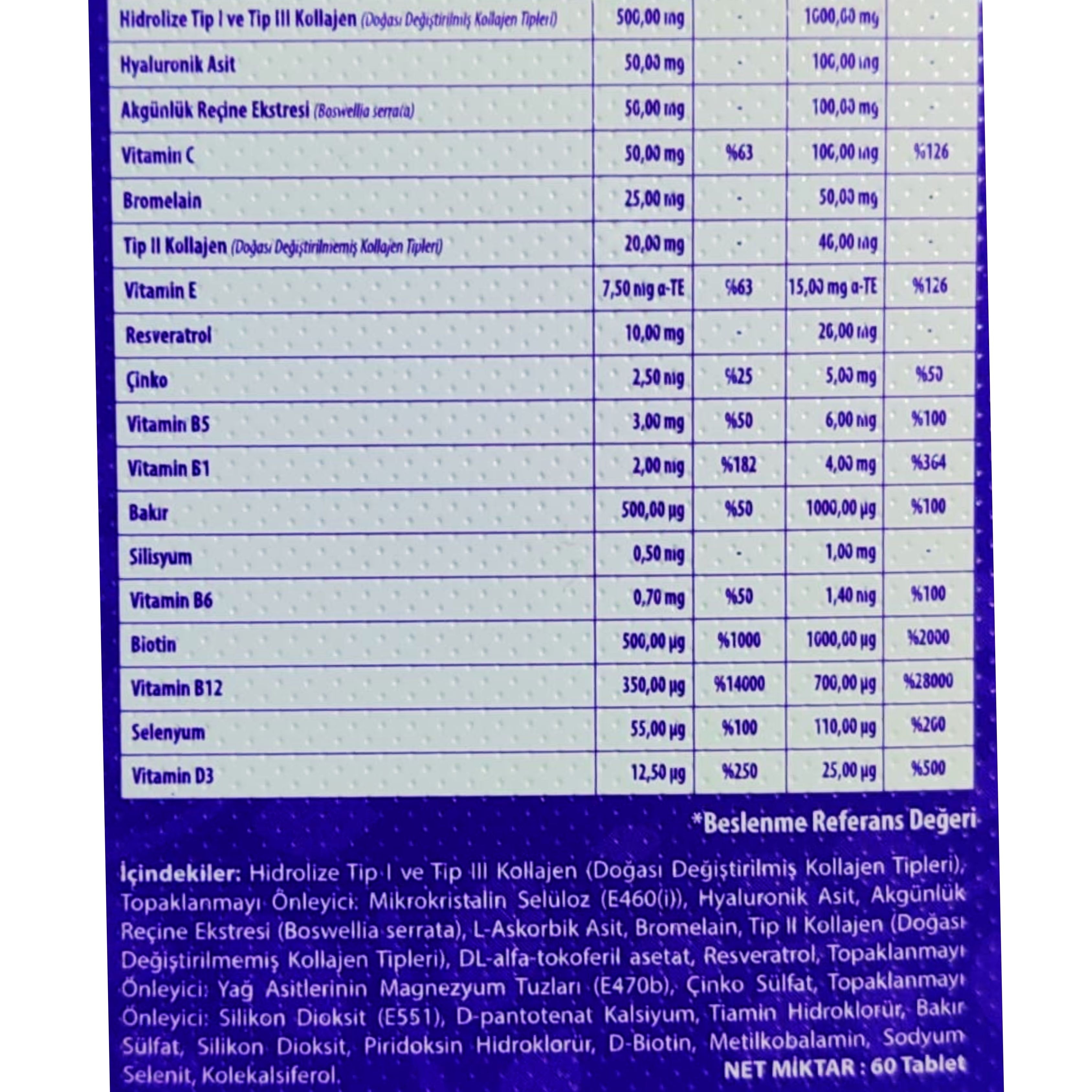 Asbien Taycogen Collagen,Resveratrol,Hyaluronic Acid ve Vitaminler İçeren Gıda Takviyesi 60 Tablet