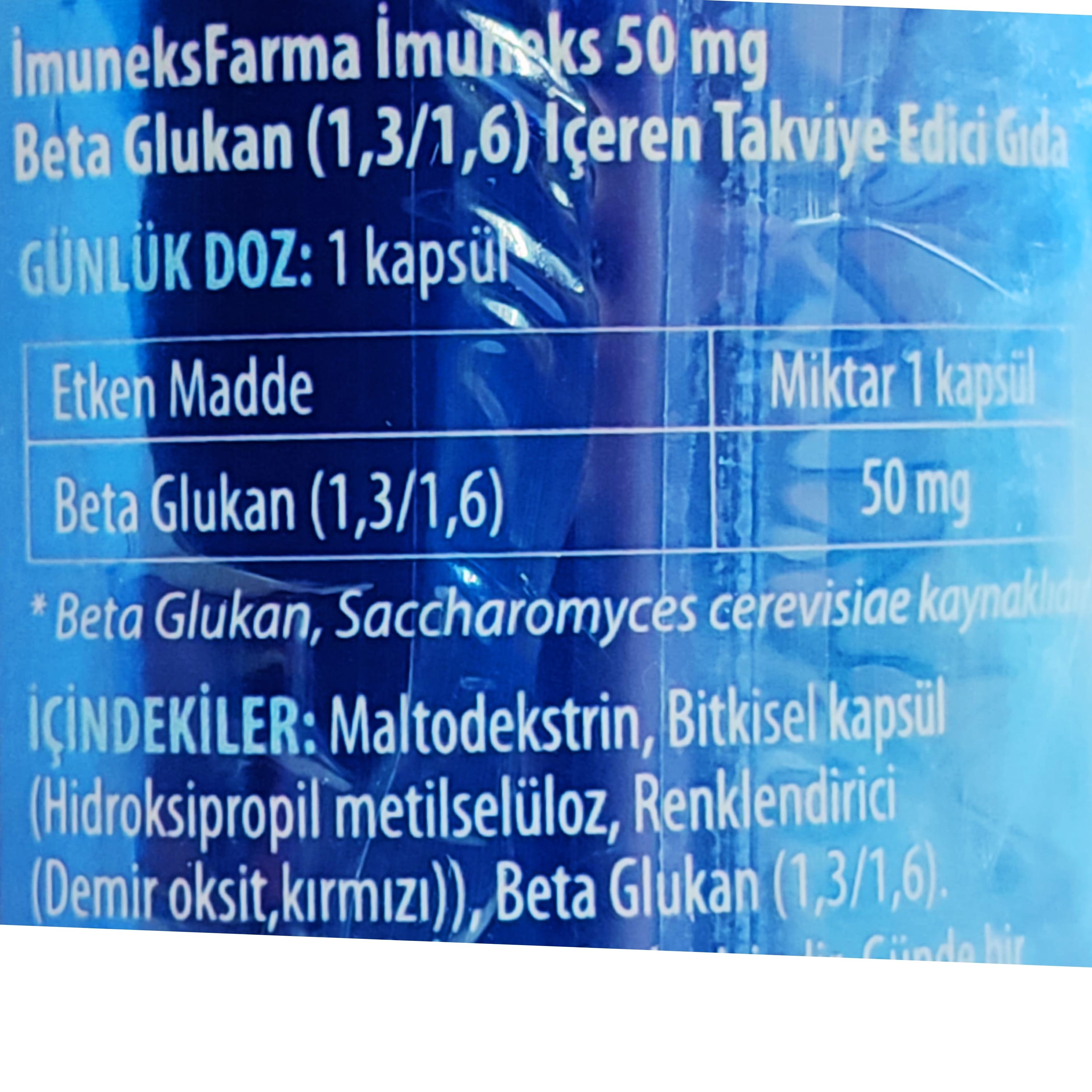 İmuneks Beta Glucan 1,3/1,6 50 mg 40 Kapsül