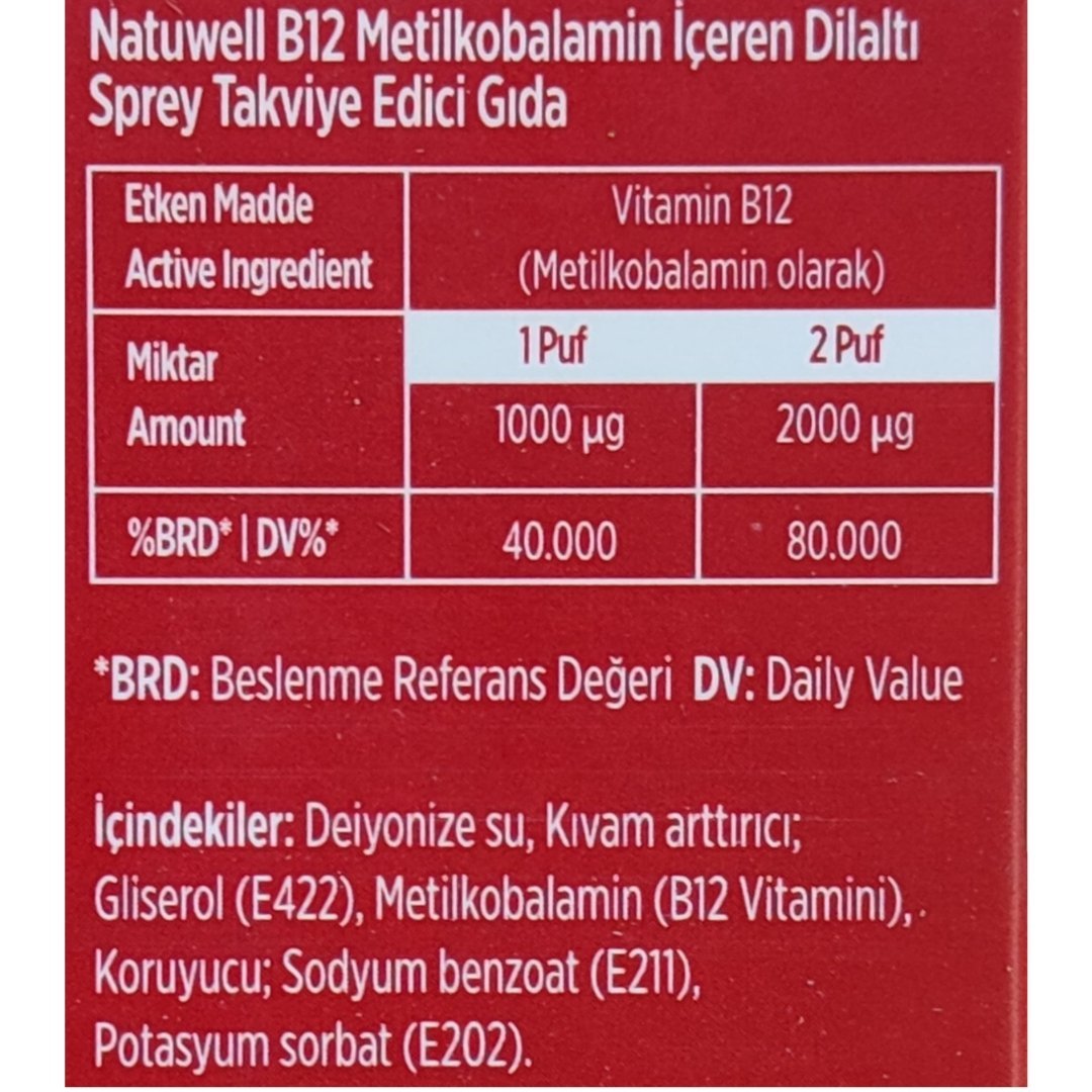 Natuwell B12 1000 ug Takviye Edici Gıda Dilaltı Sprey 10 ml - 66 Puf