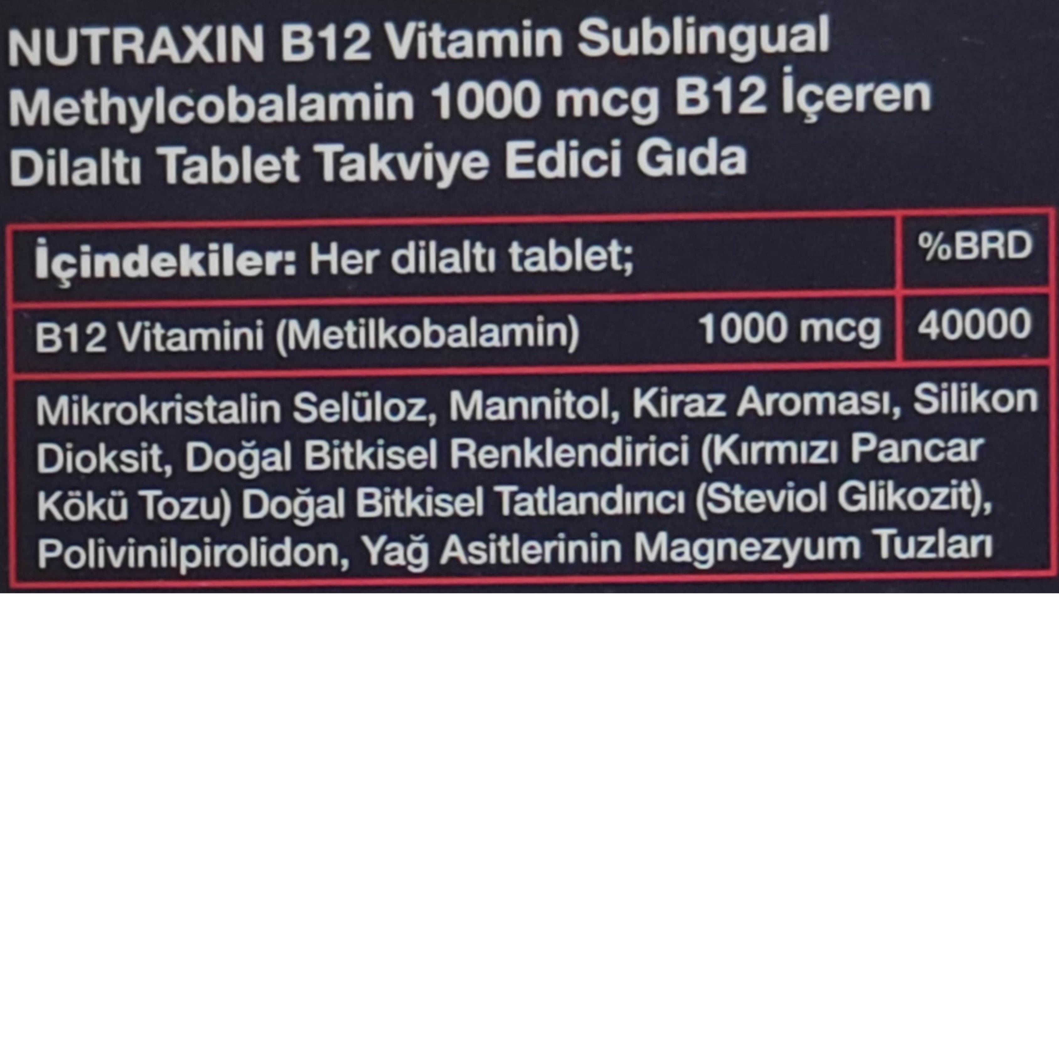 Nutraxin B12 Vitamin Methylcobalamin 60 Dilaltı Tablet