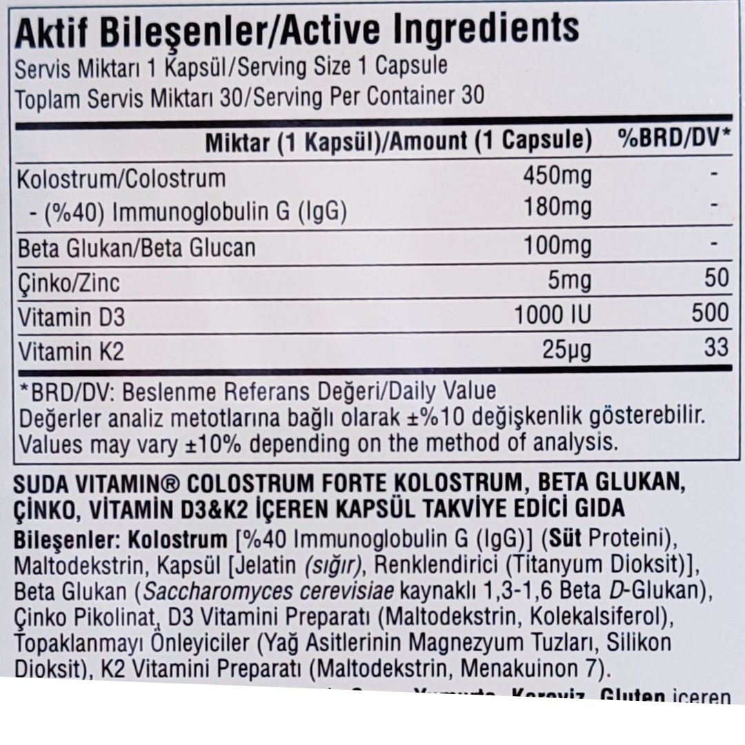 Suda Vitamin Colostrum Forte 30 Kapsül