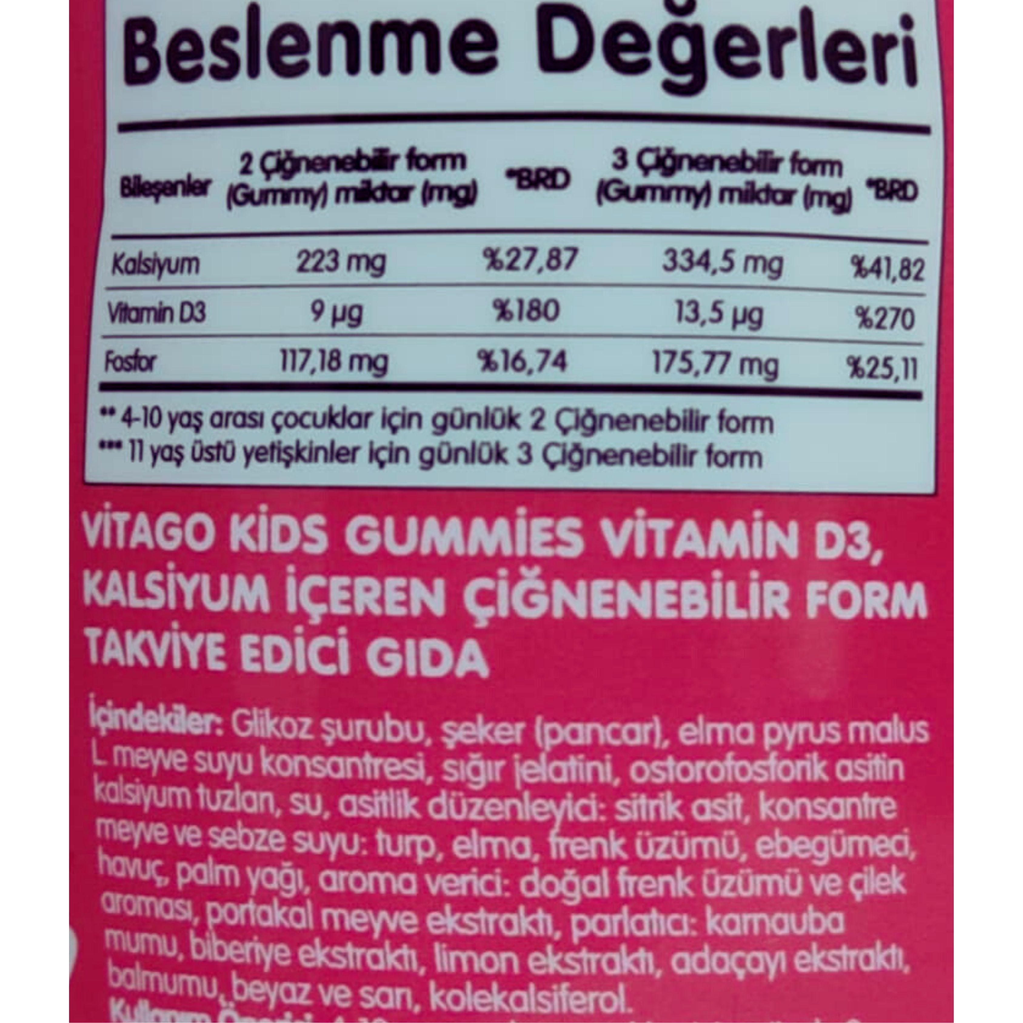 Vitago Kids Gummies Vitamin D3 Kalsiyum İçeren Çiğnenebilir Form - 30 Adet Gummy