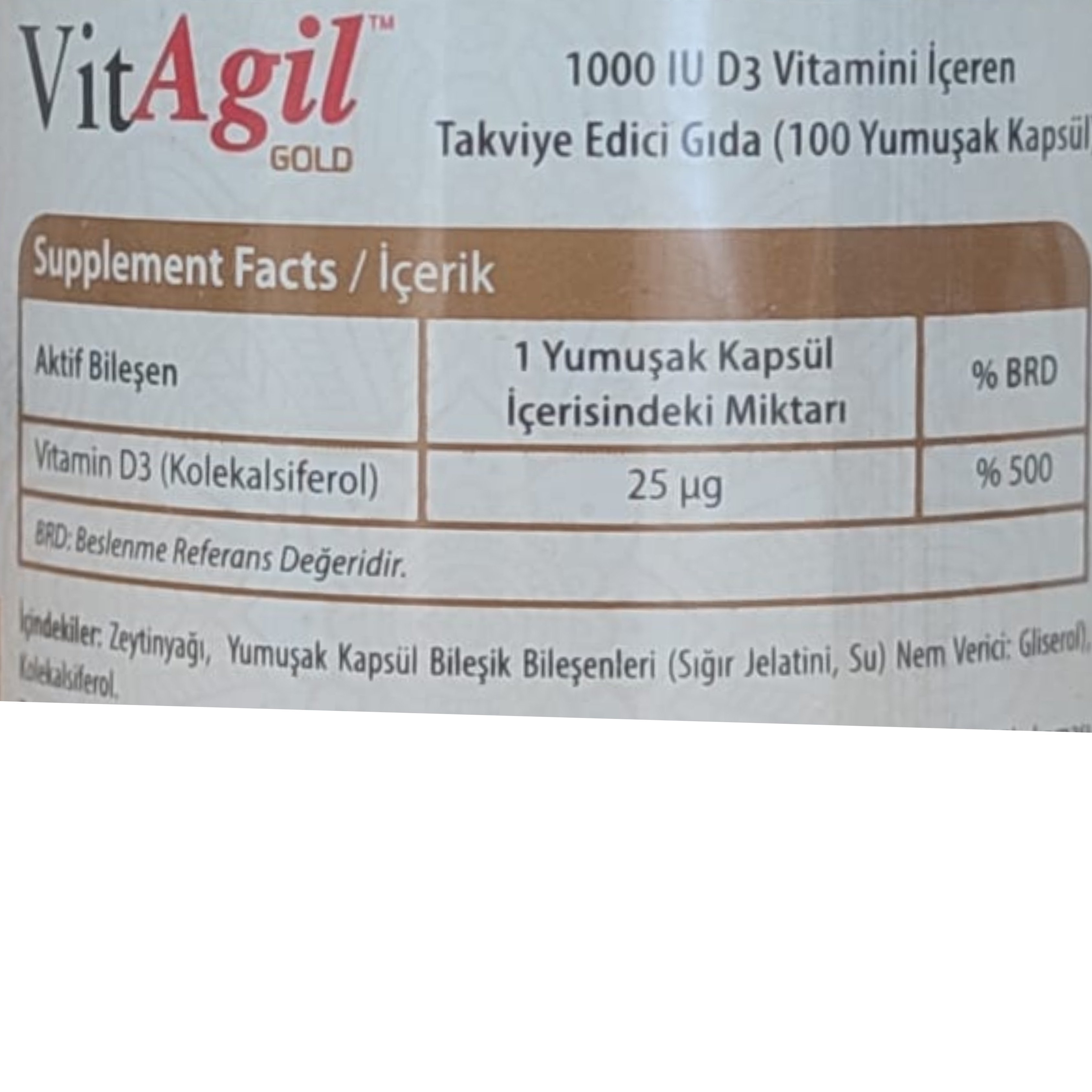 Allergo VitAgil Gold Vitamin D3 1000 IU 100 Kapsül