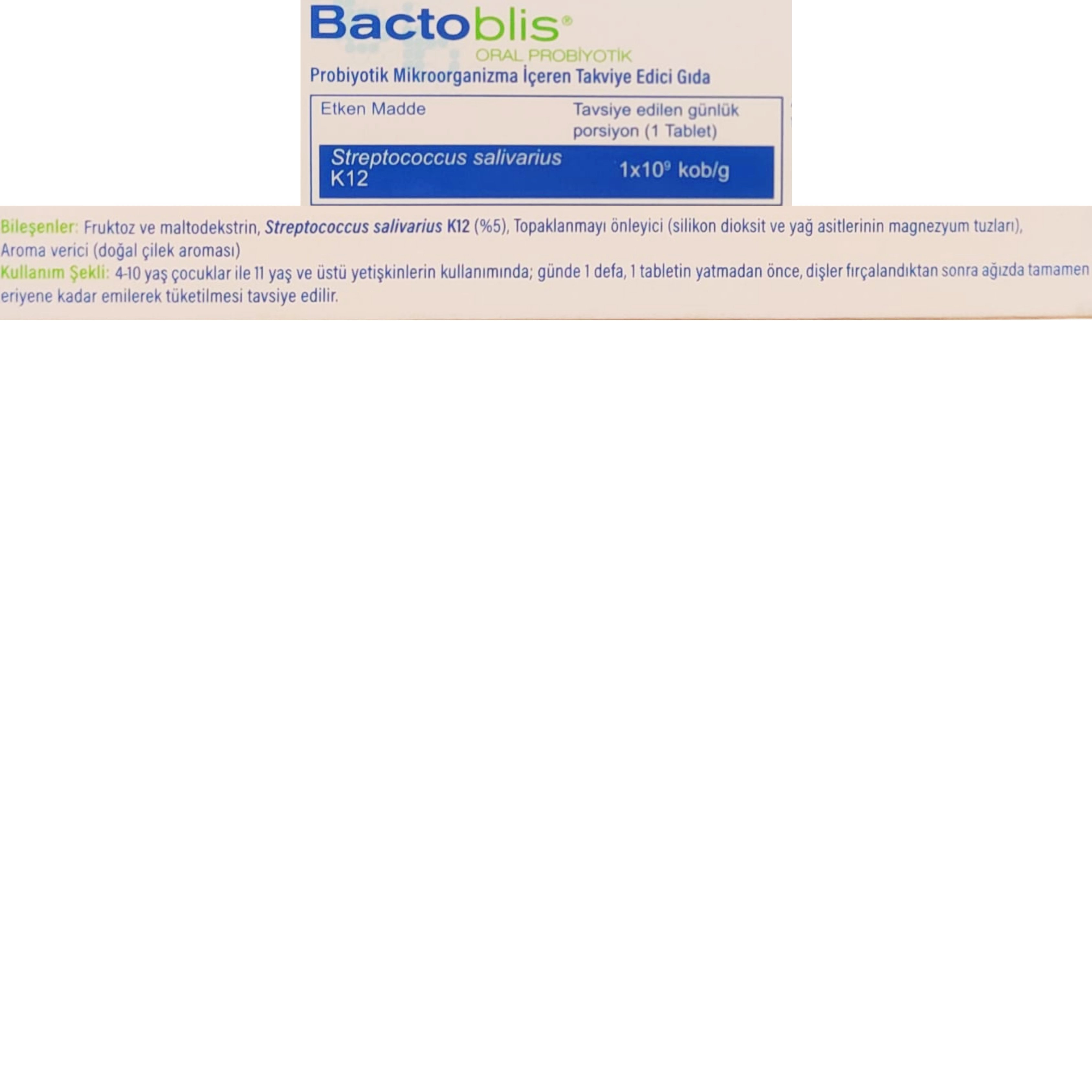 Bactoblis Ağız Probiyotiği 10 Emme Tableti