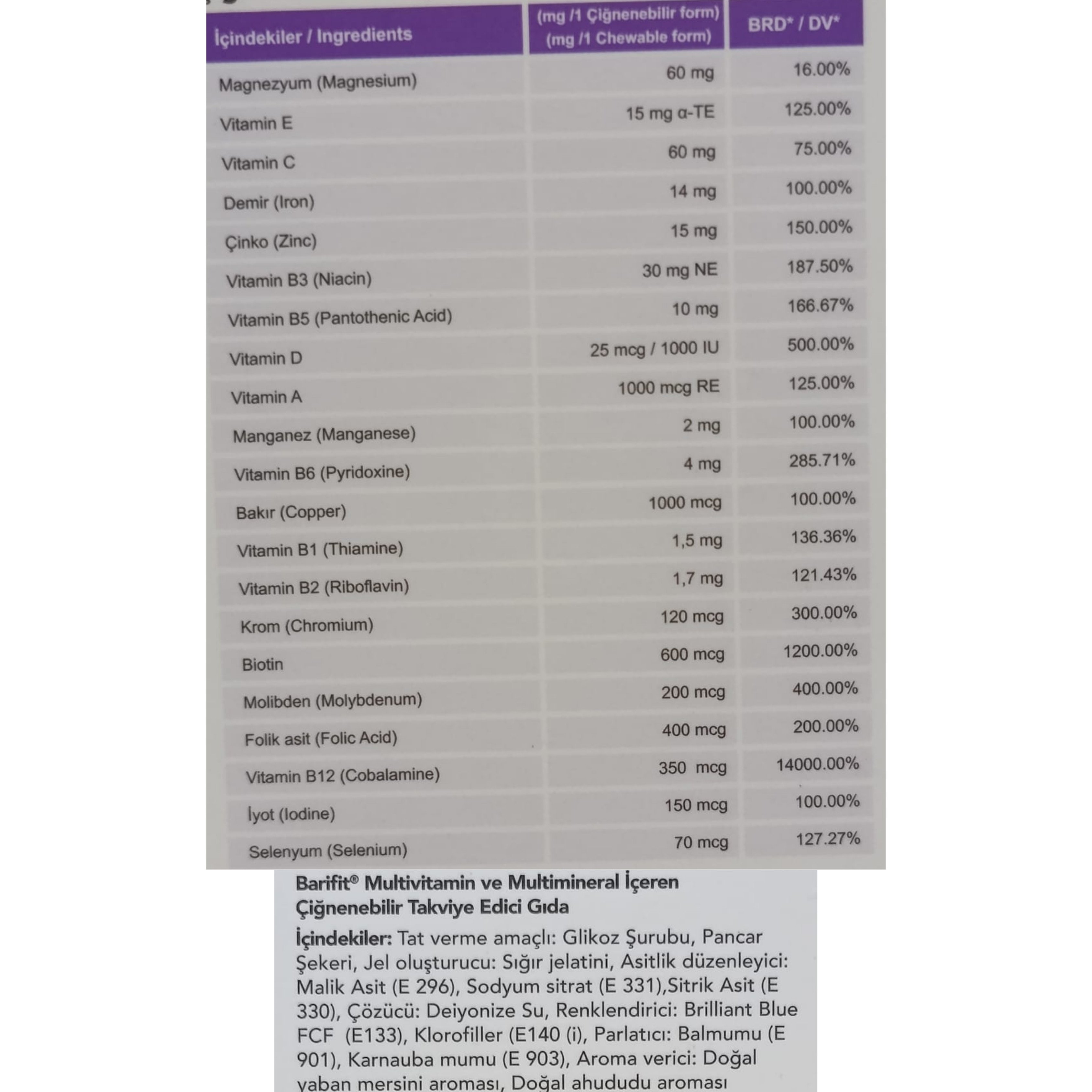 Barifit Multivitamin ve Multimineral İçeren Çiğnenebilir Takviye Edici Gıda 30 Gummy
