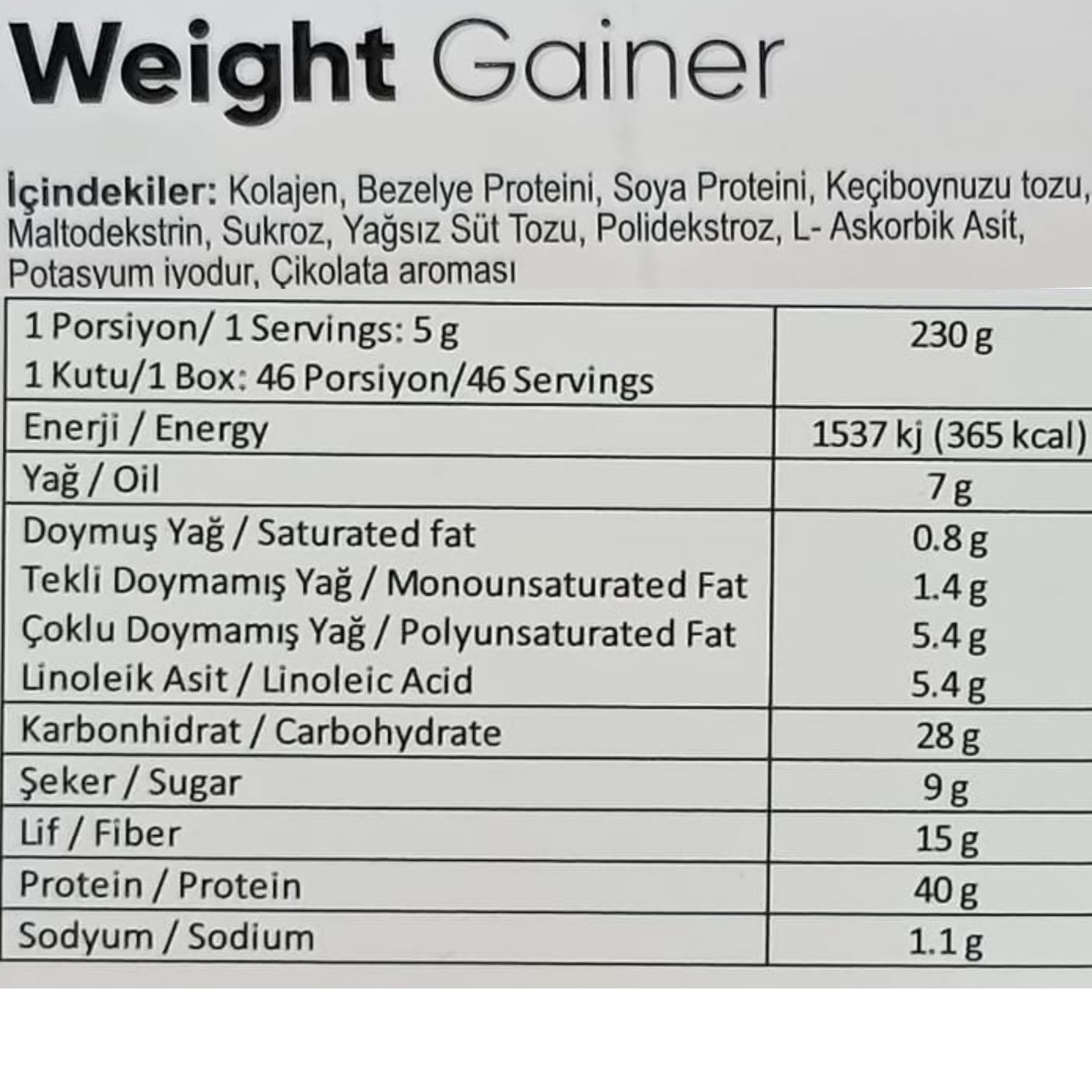 Collagen Life Weight Gainer Kolajen Destekli Çikolata Aromalı Protein Tozu 230 gr