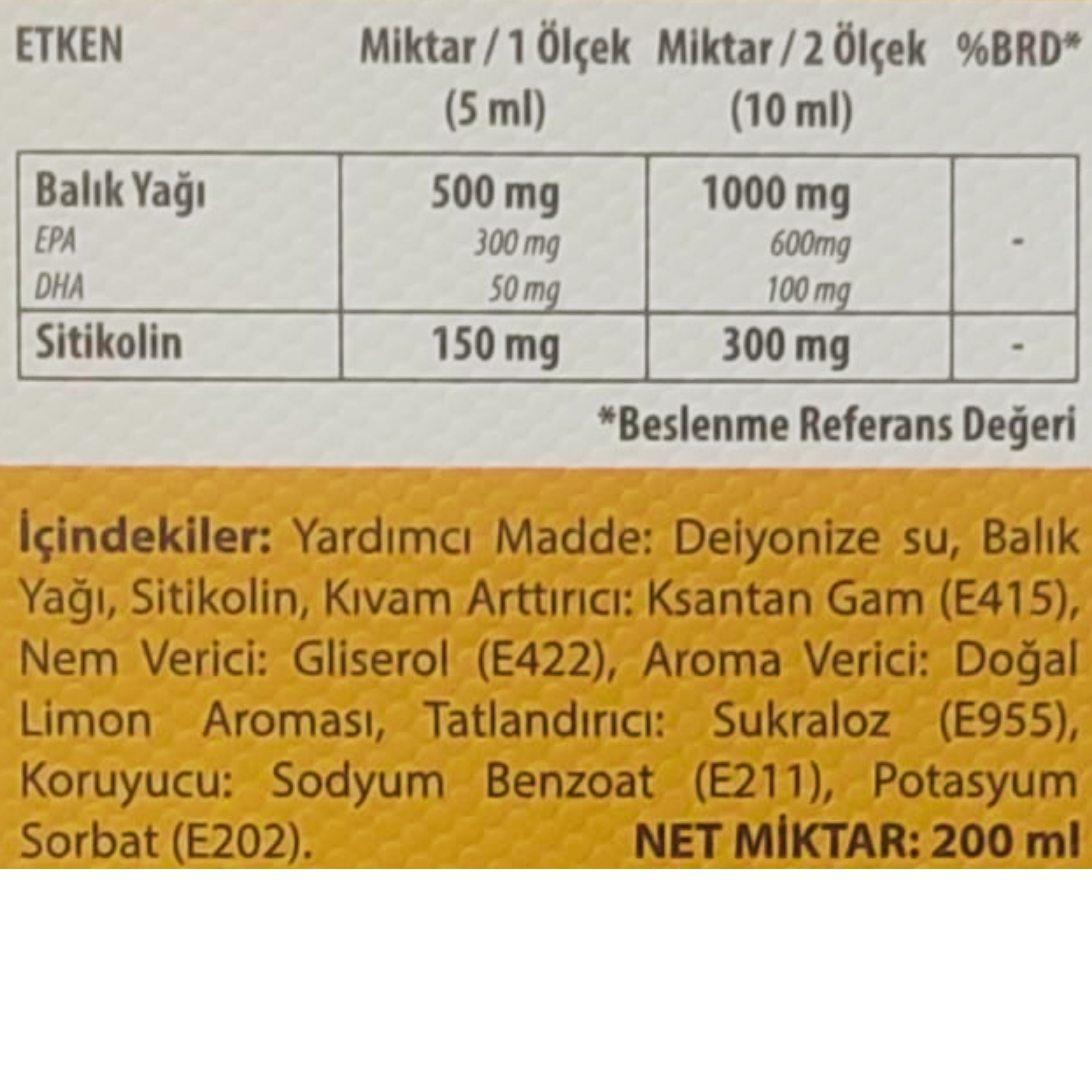 Focus Natura Plus Sitikolin+Balıkyağı Takviye Edici Gıda 200ml