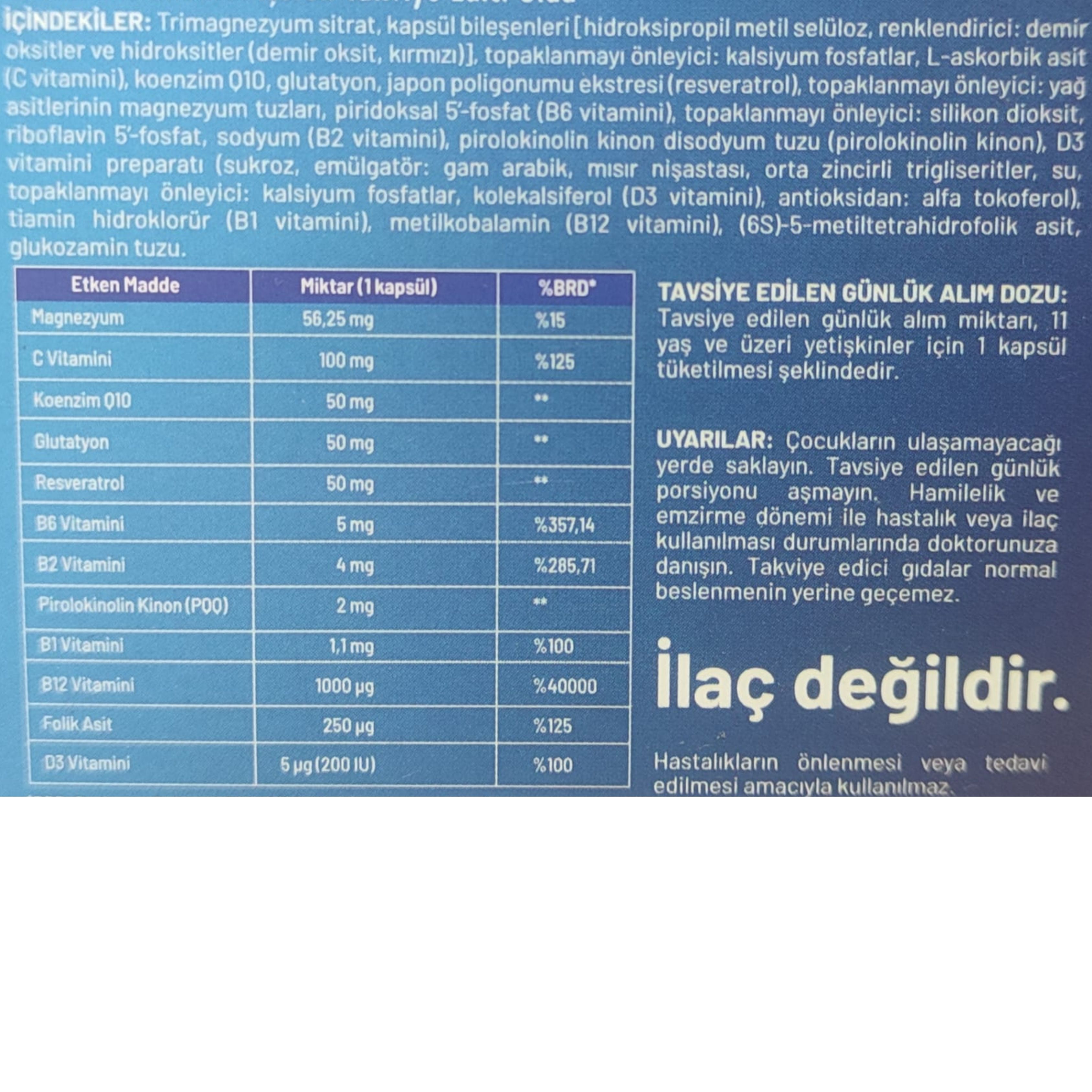 H&H CellPro PQQ Pirolokinolin Kinon Resveratrol, Vitamin ve Mineral İçeren Takviye Edici Gıda 30 Kapsül
