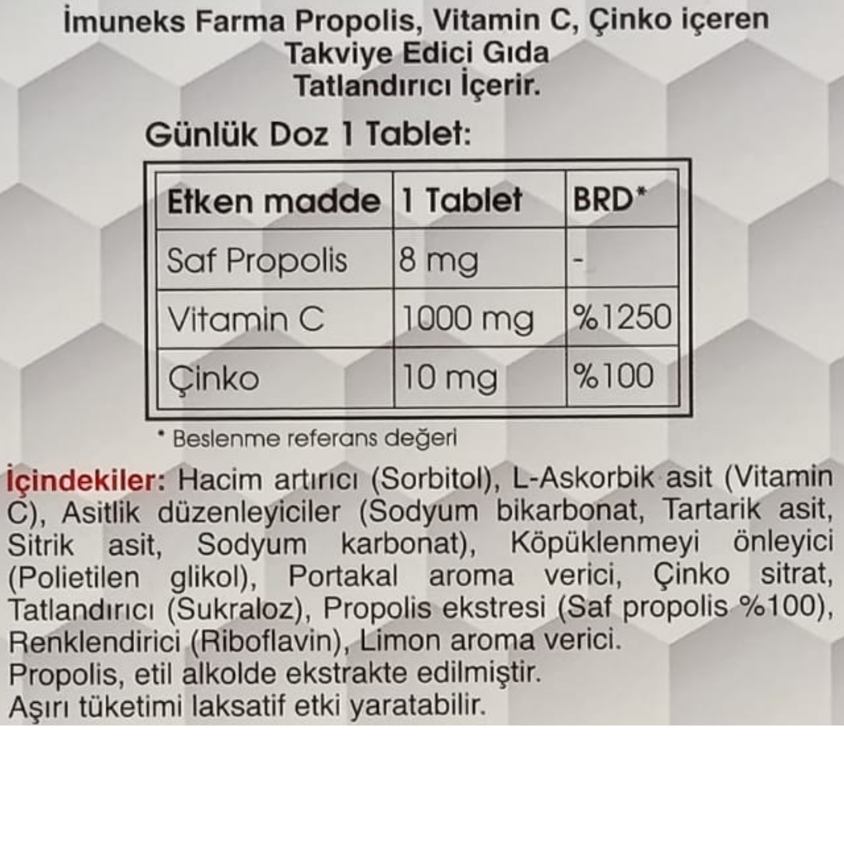 Imuneks Propolis Vitamin C Çinko içeren Takviye Edici Gıda 20 Efervesan Tablet