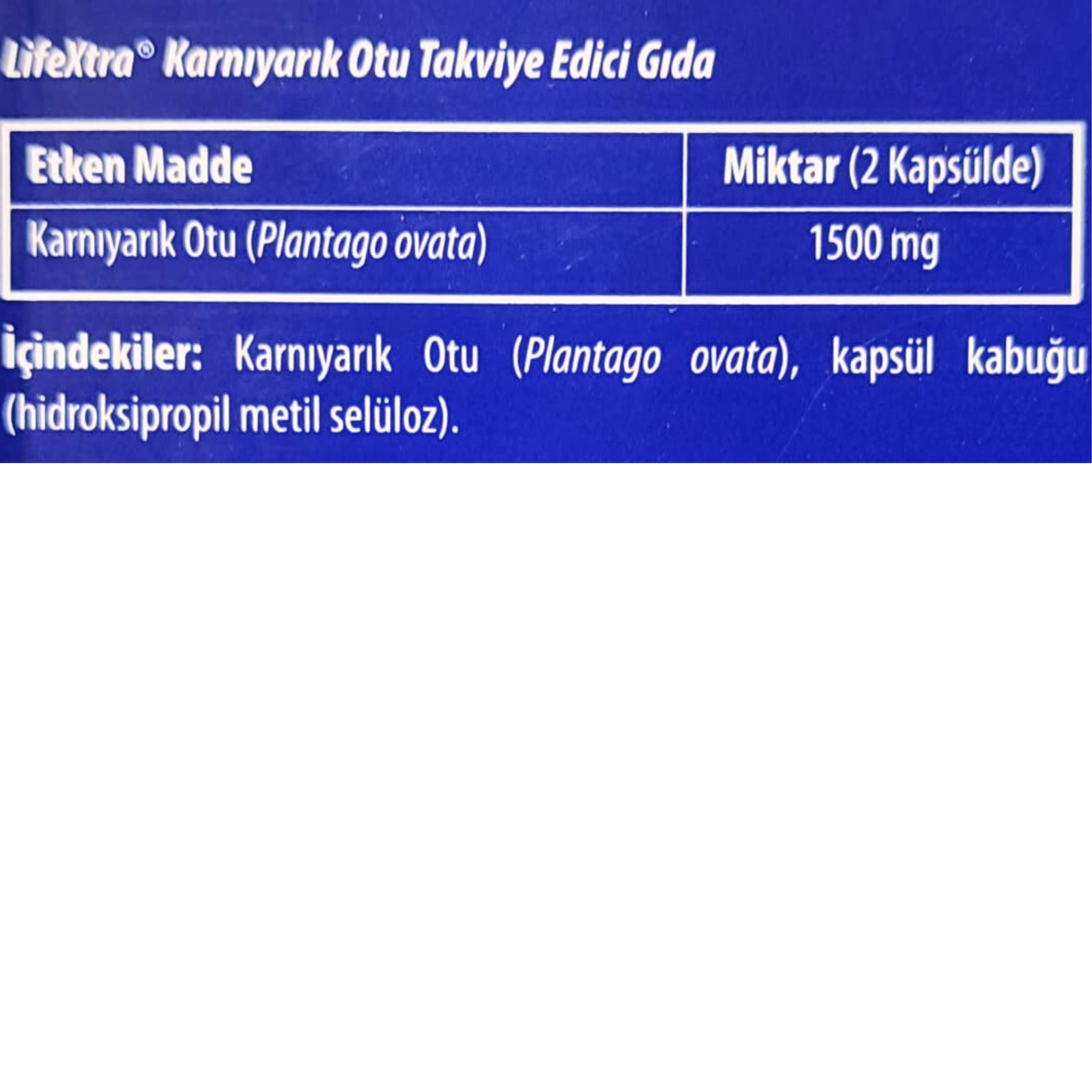 Lifextra Karnıyarık Otu 750 mg 120 Kapsül (Psyllium Husks Fibre)