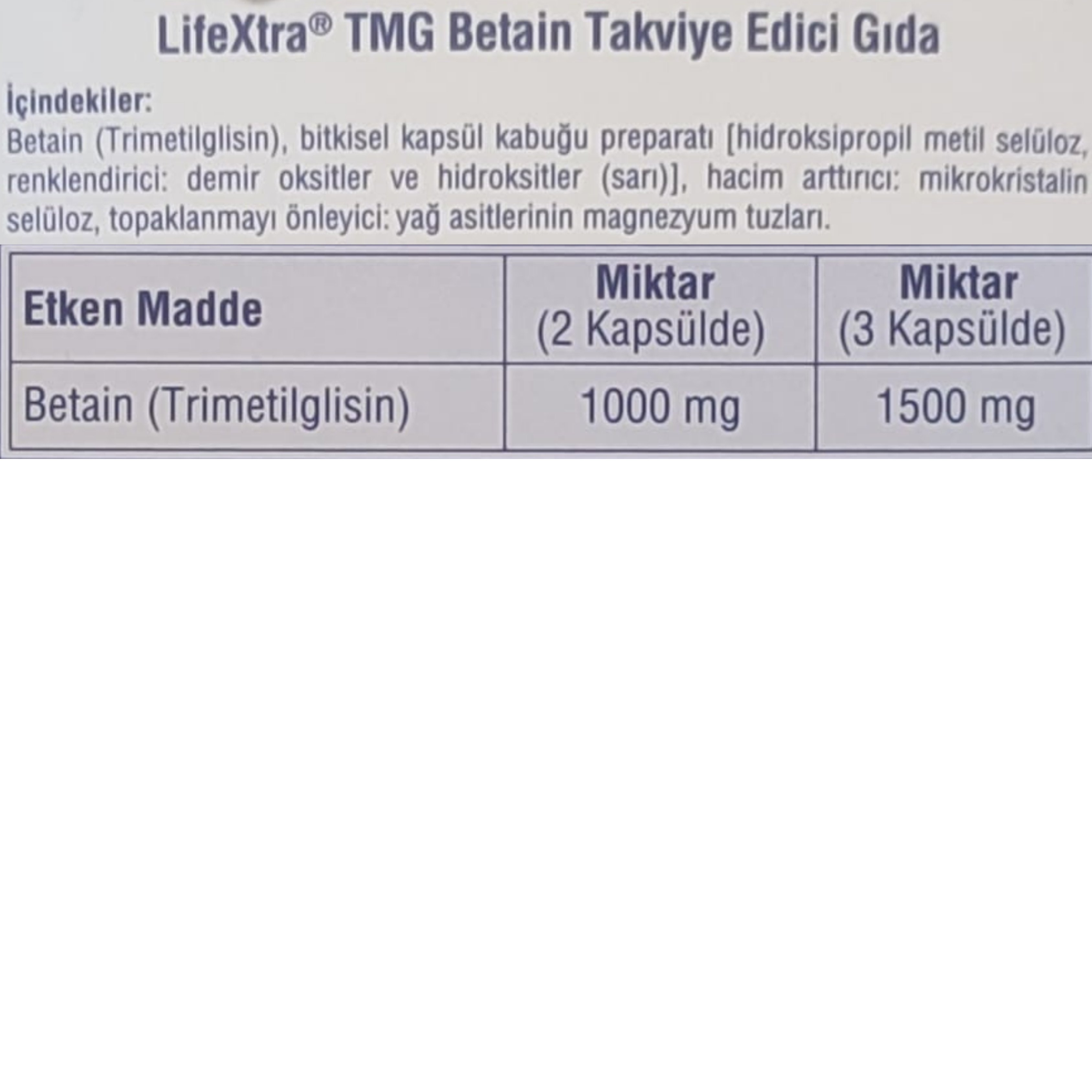 Lifextra Tmg Trimetilglisin 60 Kapsül İçeren Takviye Edici Gıda