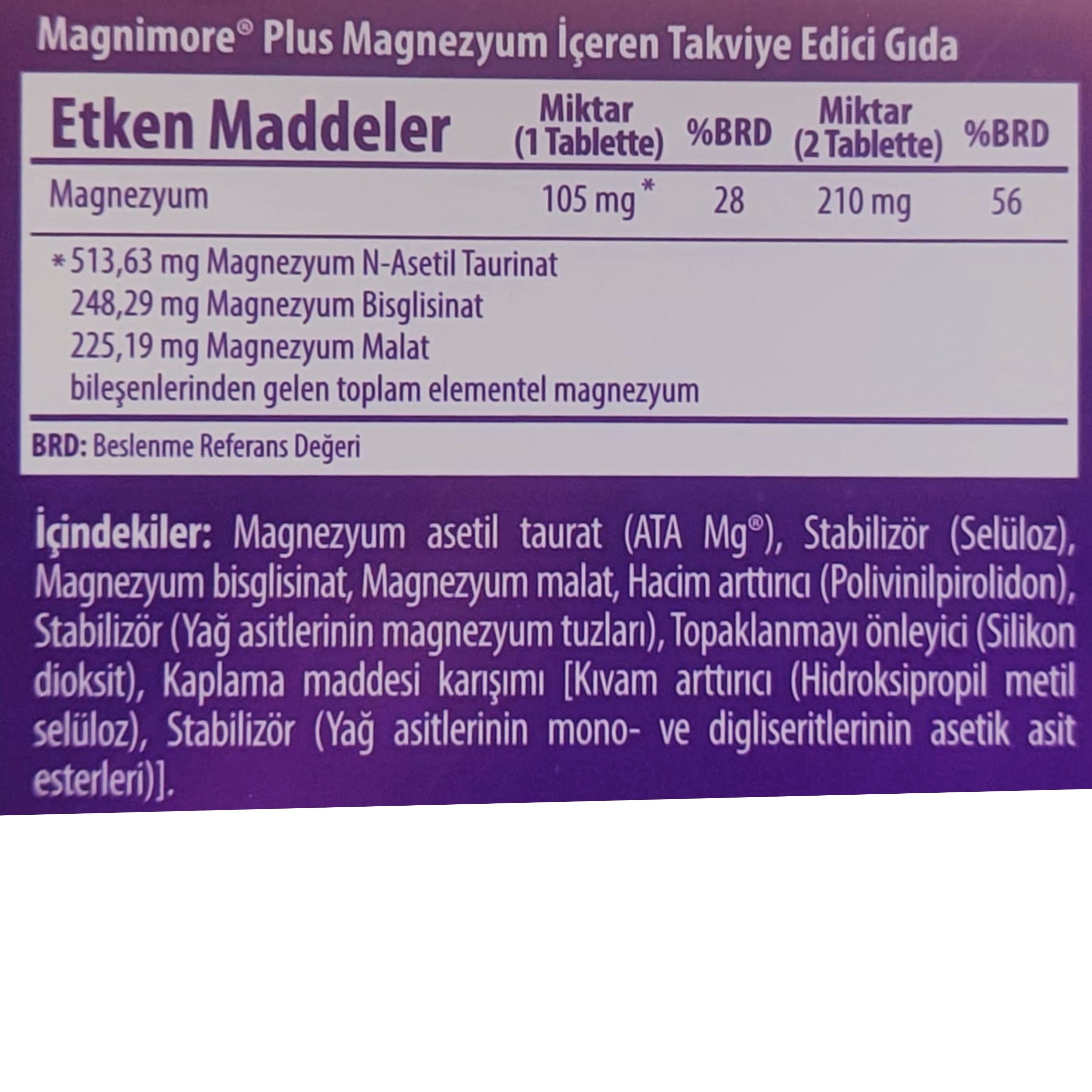 Magnimore Plus Magnezyum İçeren Takviye Edici Gıda 120 Tablet