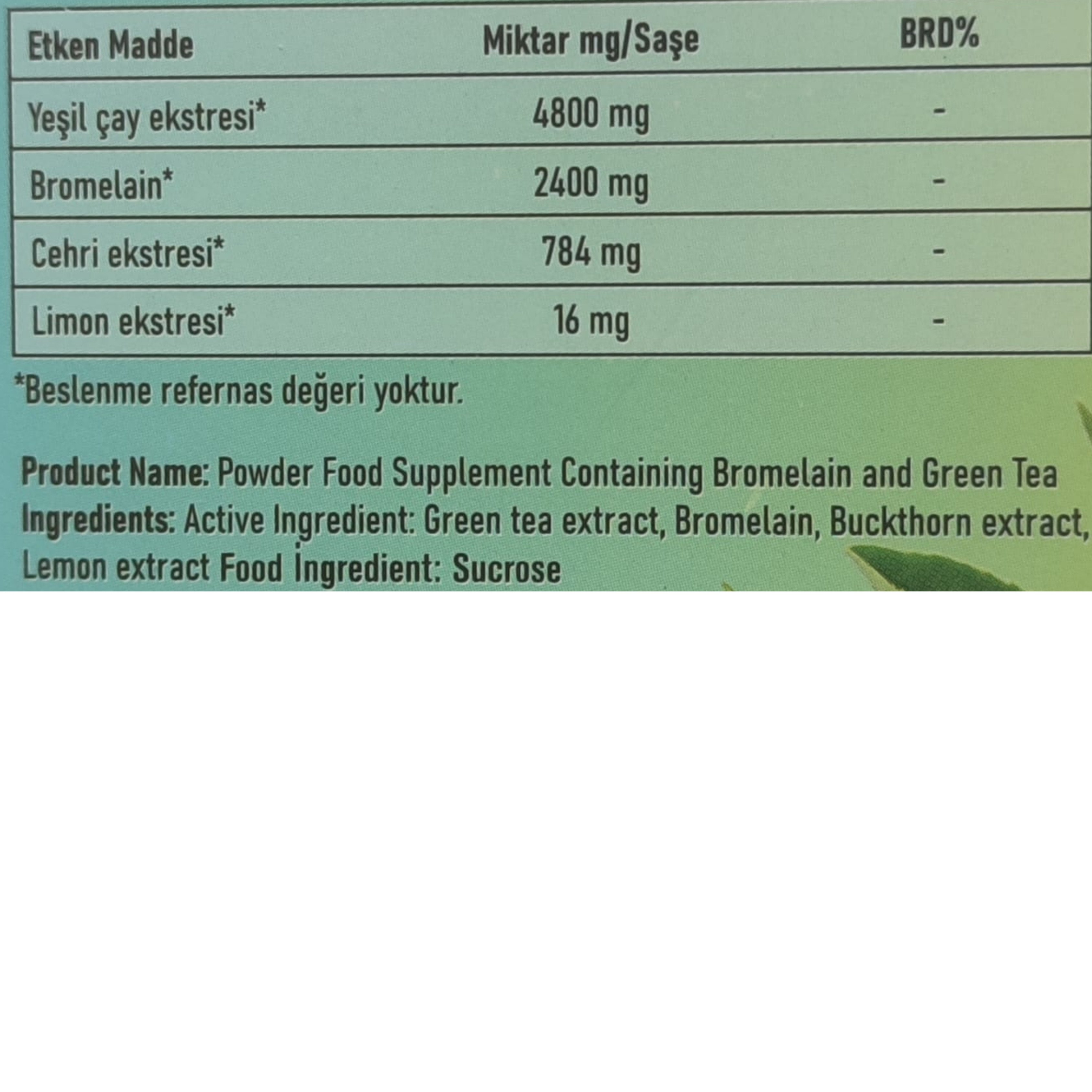 Matcha Bromelain ve Yeşil Çay İçeren Toz Takviye Edici Gıda 20 Saşe