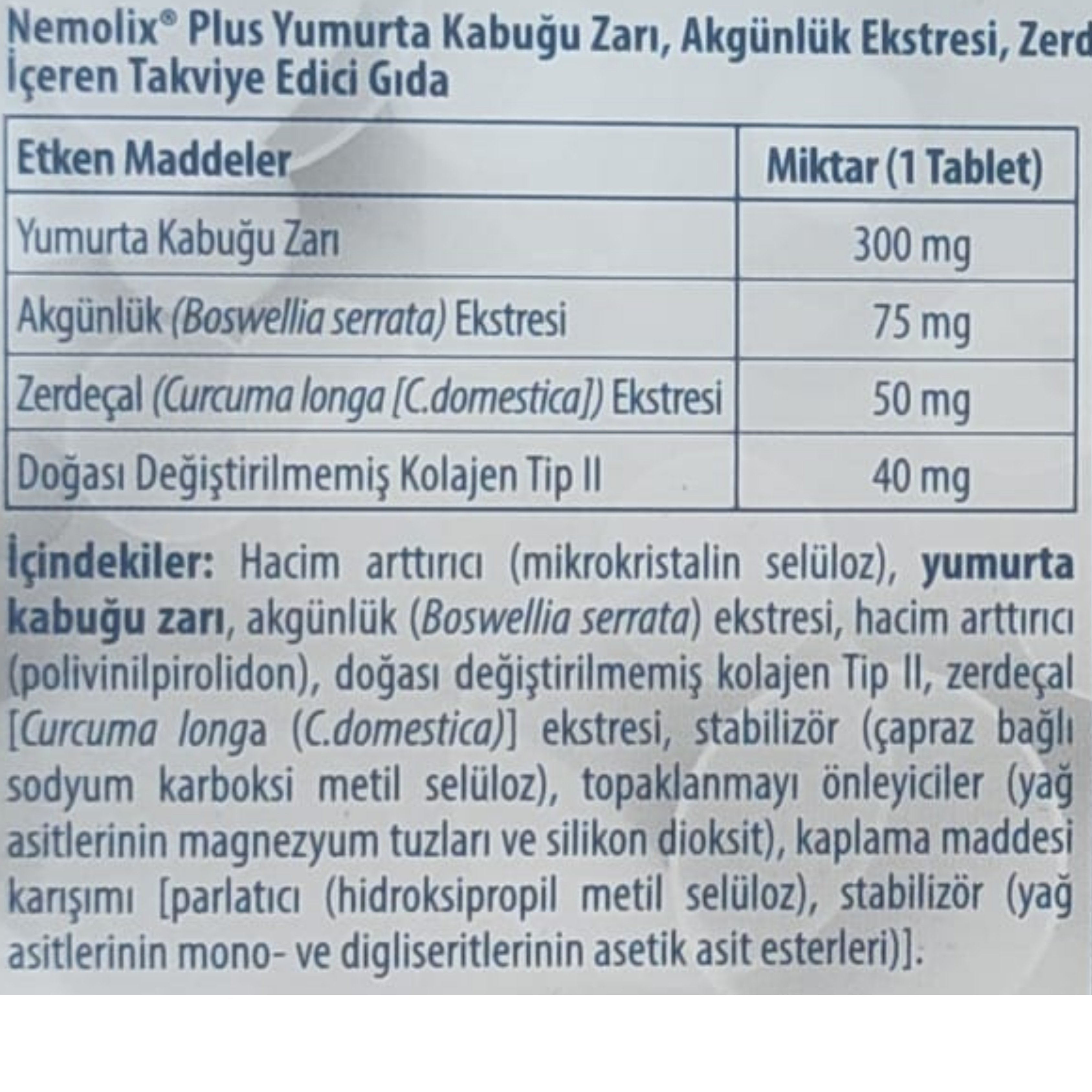 Nemolix Plus Yumurta Kabuğu Zarı 30 Tablet