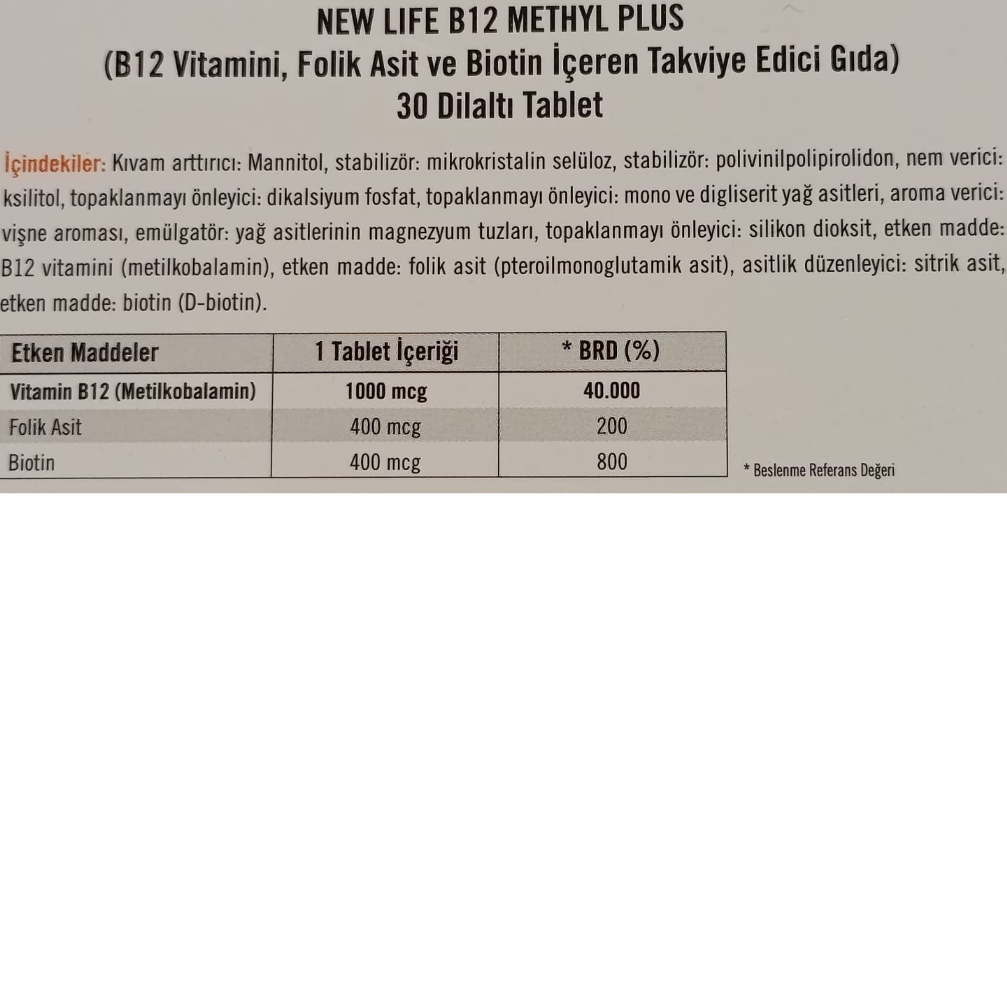 New Life B12 Plus Folik Asit ve Biotin İçeren Takviye Edici Gıda 30 Tablet