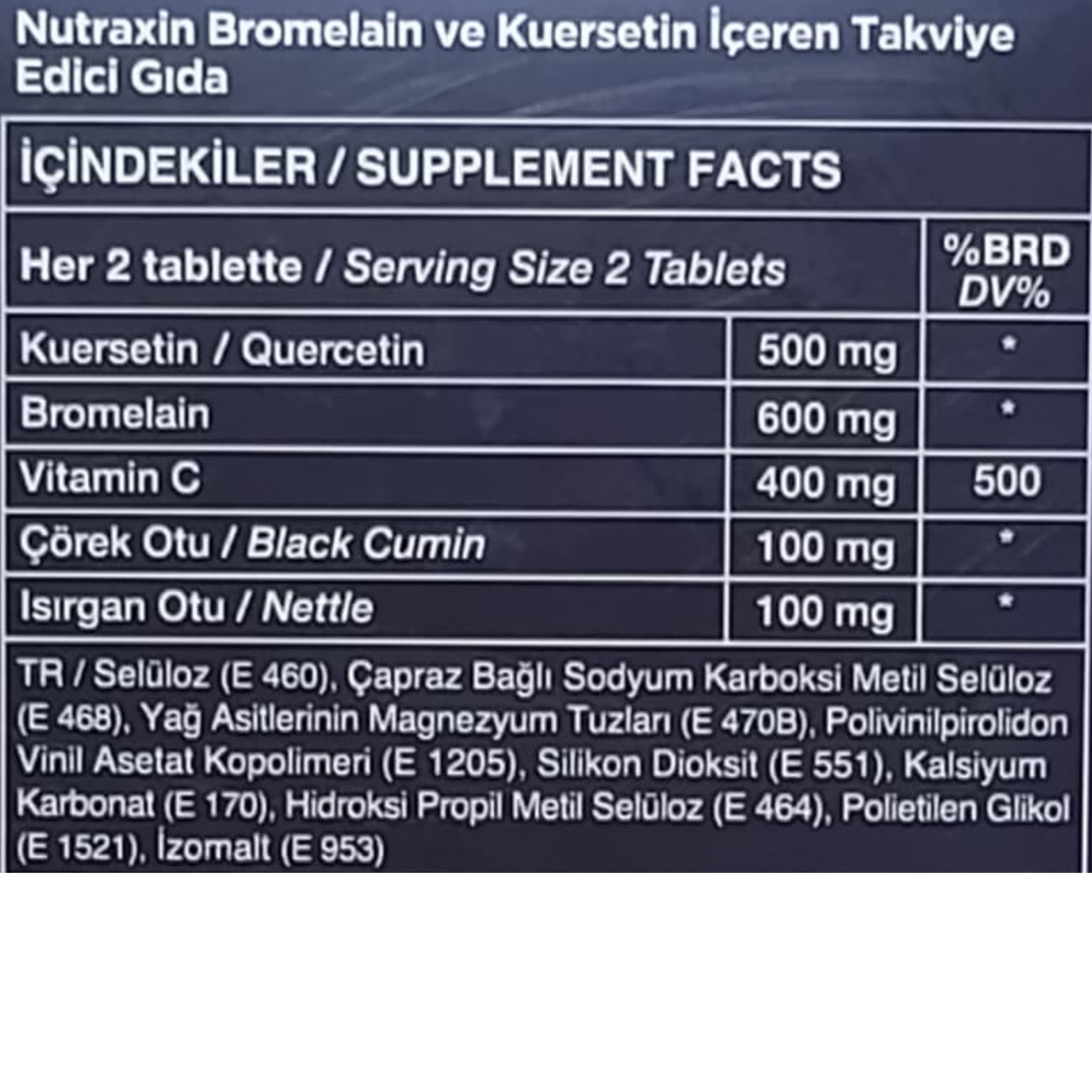 Nutraxin Bromelain ve Kuersetin İçeren Takviye Edici Gıda 30 Tablet