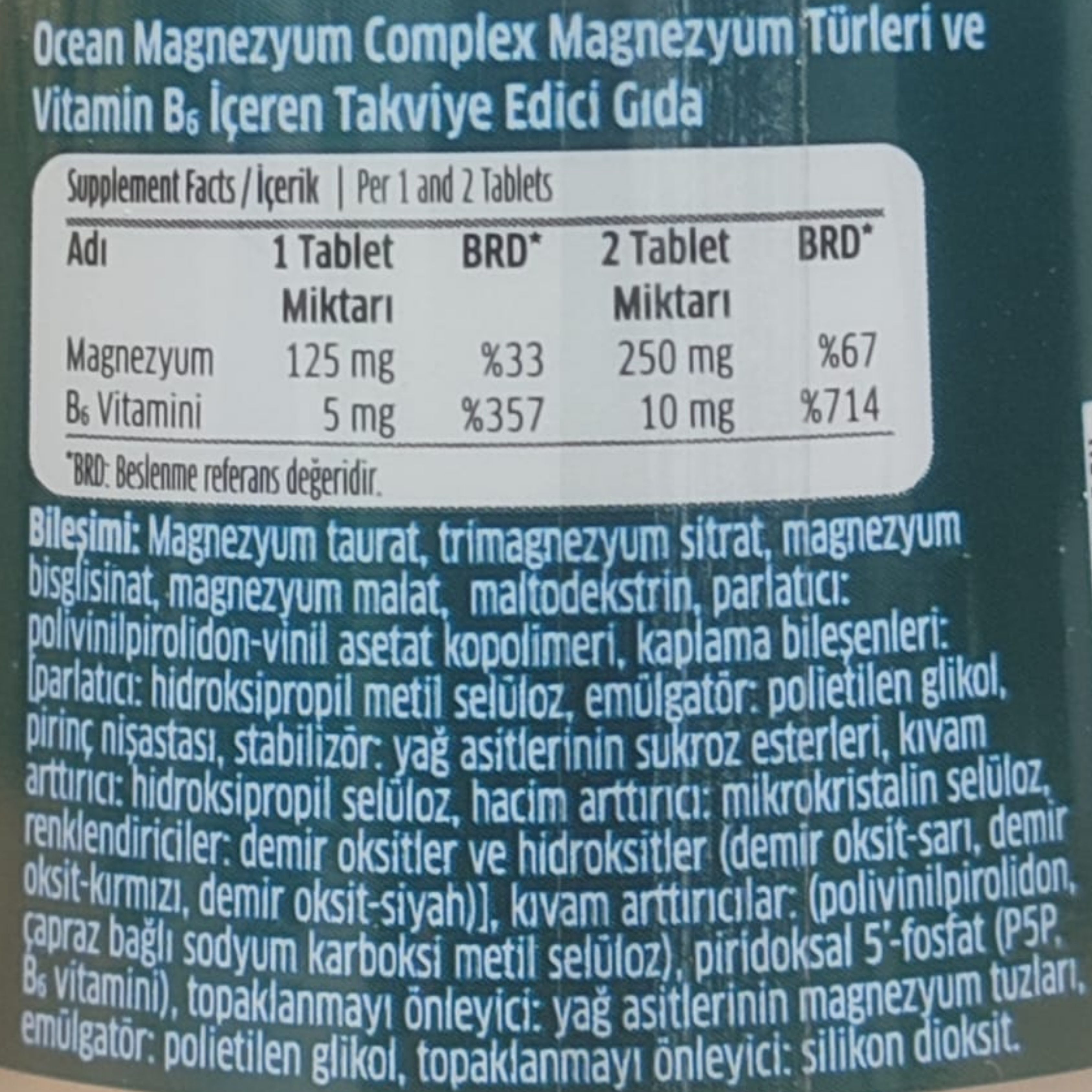 Ocean Magnezyum Complex - Bisglisinat - Malat - Sitrat - Taurat & B6 (P5P) Vitamini 60 Tablet