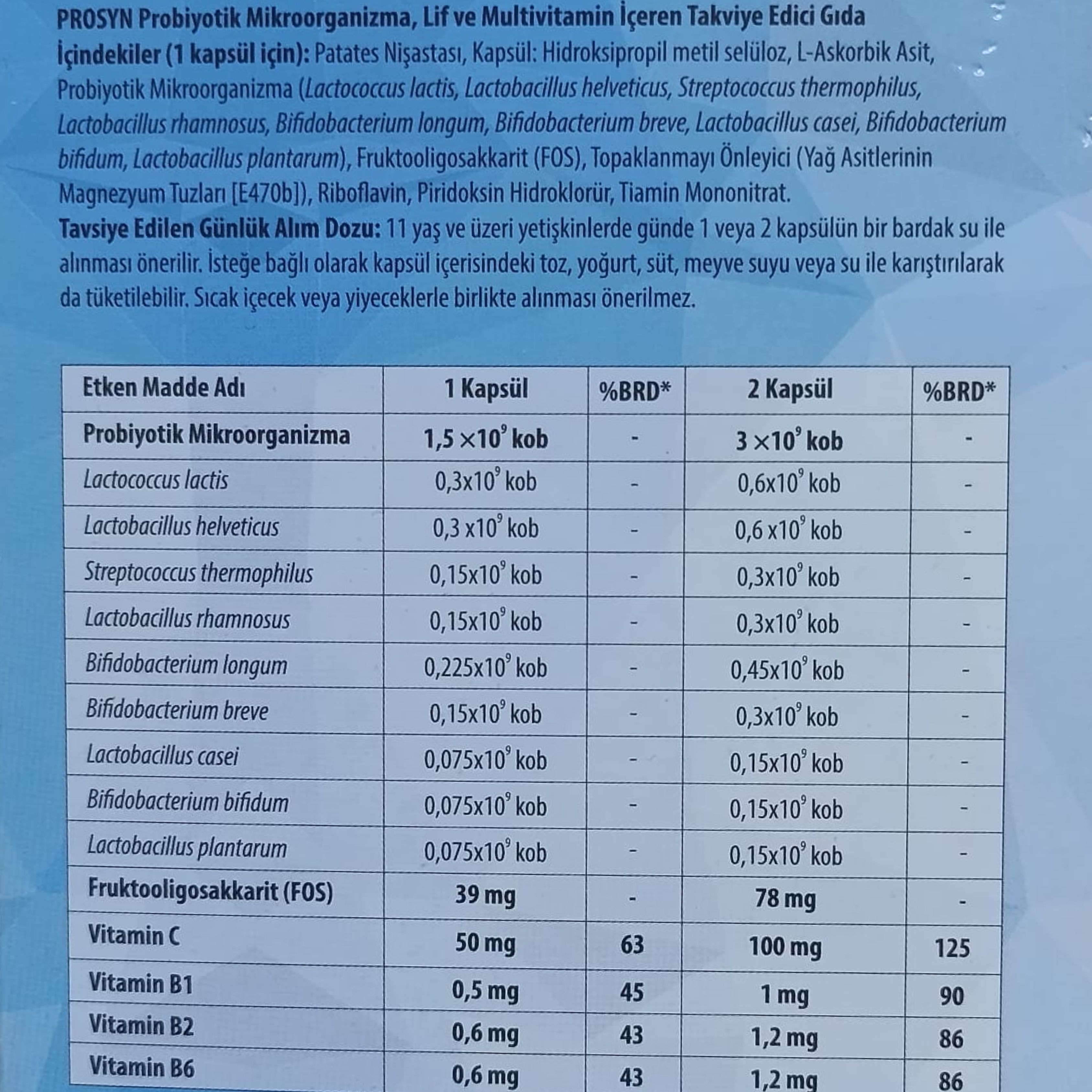 PROSYN Probiyotik Mikroorganizma, Lif ve Multivitamin İçeren Takviye Edici Gıda 10 Kapsül
