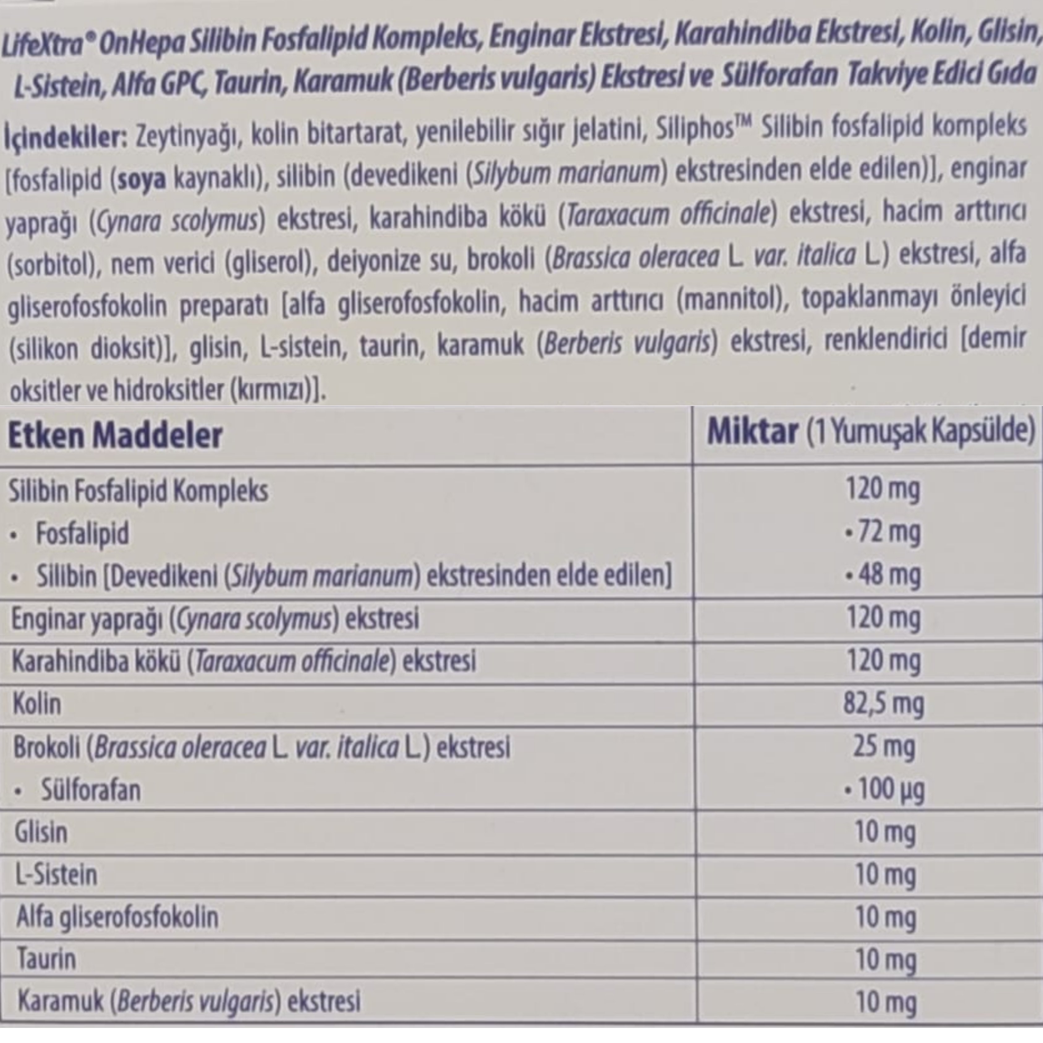 Tab İlaç Lifextra OnHepa Takviye Edici Gıda 30 Yumuşak Kapsül