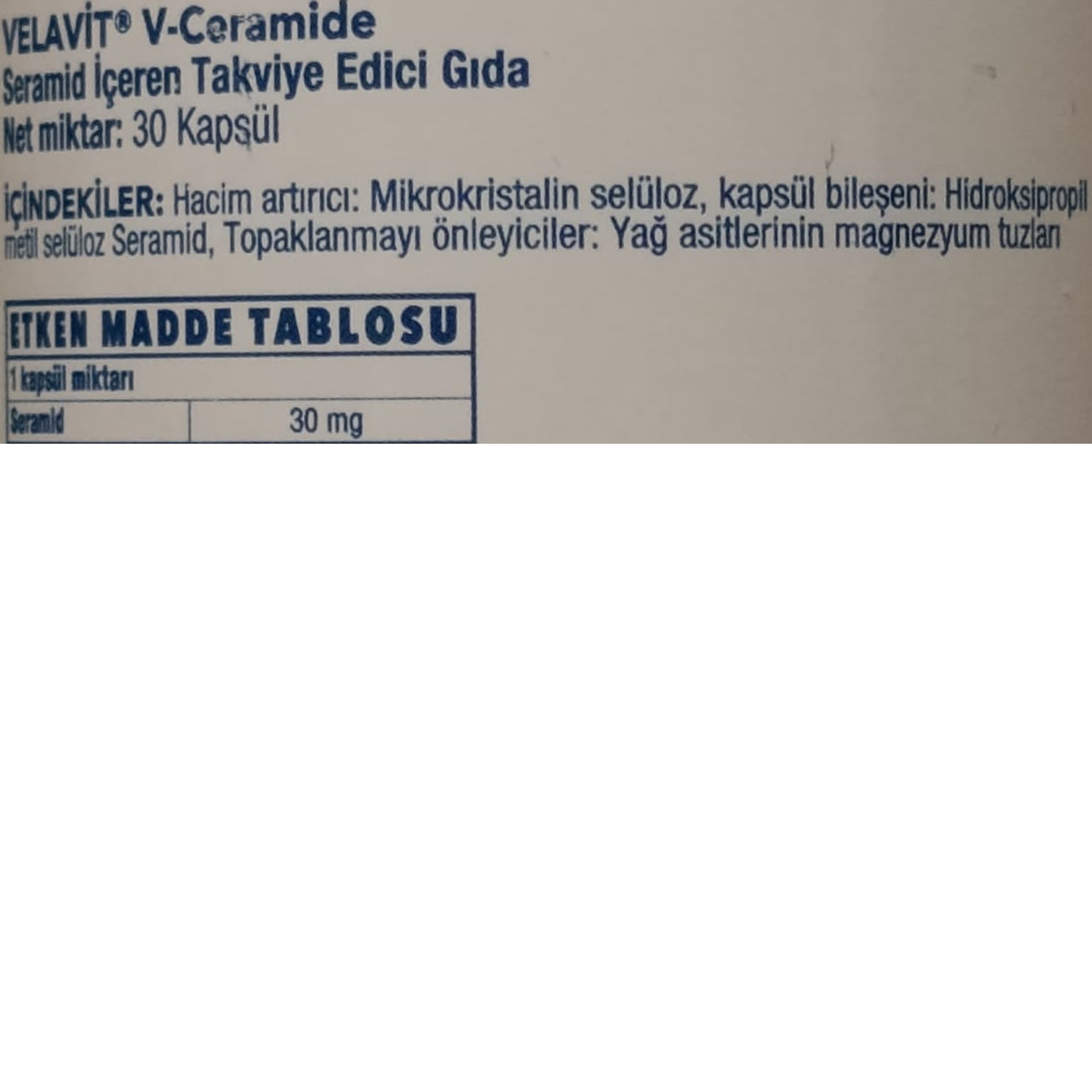 Velavit V-Ceramide Seramid İçeren Takviye Edici Gıda 30 Kapsül