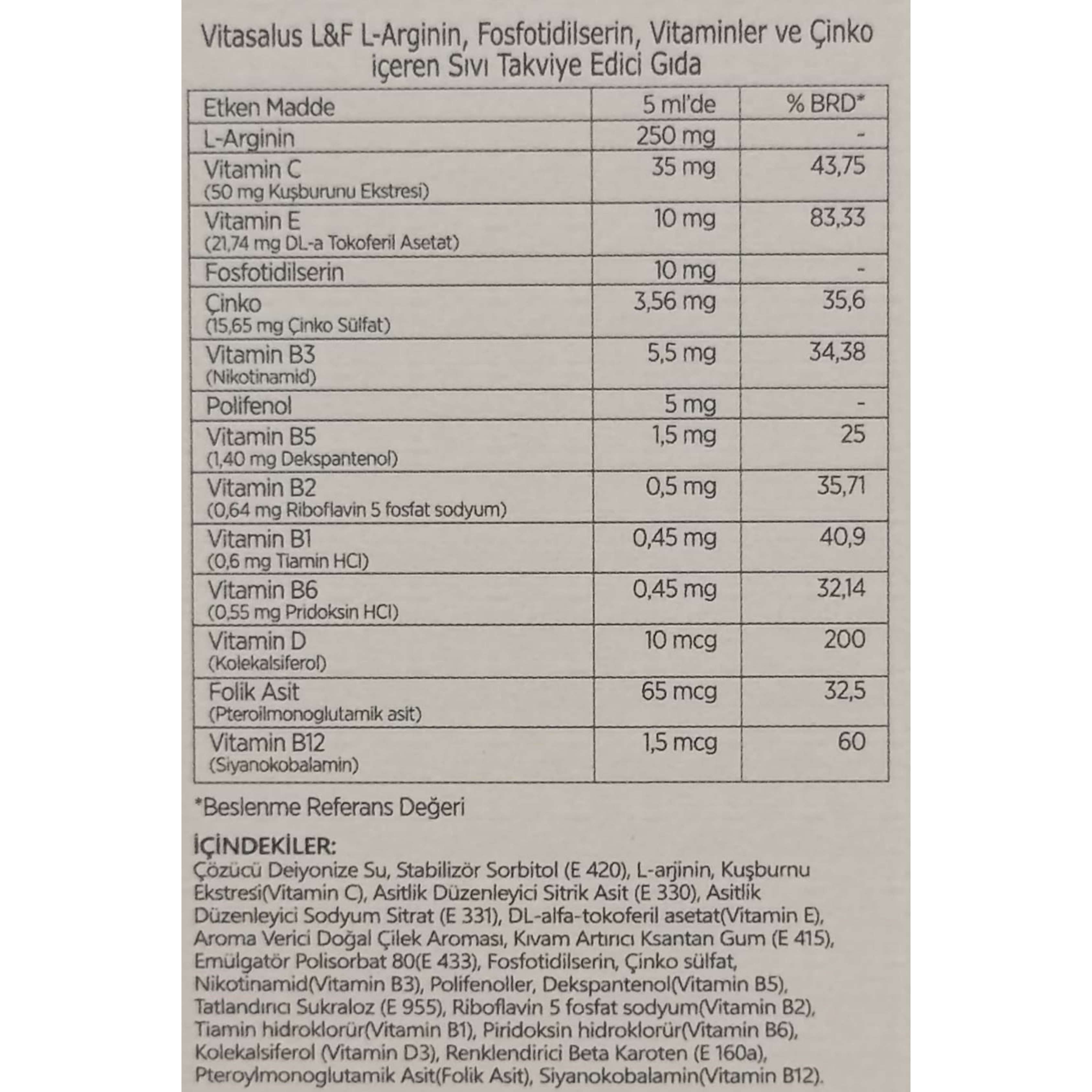 Vitasalus L-Arginin Multivitamin Takviye Edici Gıda 150 ml