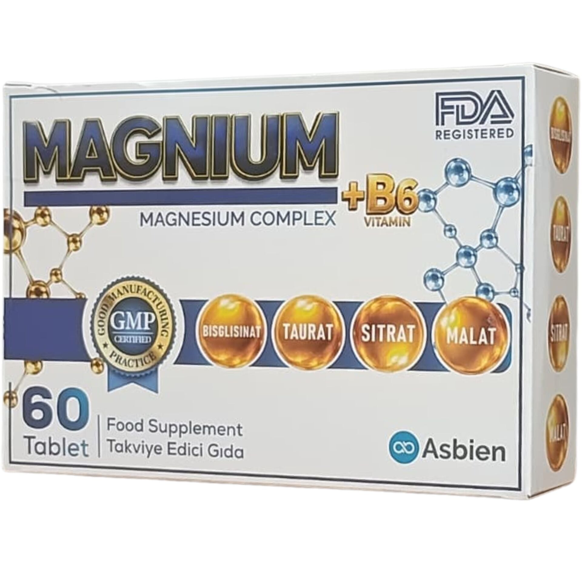 Asbien Magnium Magnesium Complex + B6 60 Tablet – Bisglisinat, Malat, Sitrat ve Taurat Magnezyum