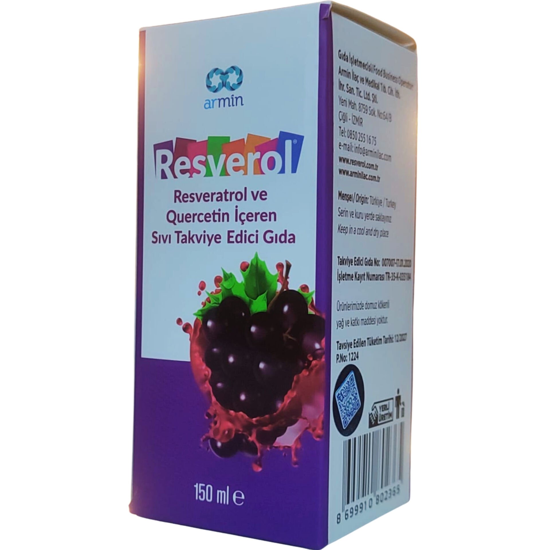 Armin Resverol Resveratrol, Quercetin ve C Vitamini İçeren Sıvı Takviye Edici Gıda 150 ml