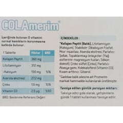 COLAmerim Kolajen Peptit, D3 Vitamini, Kalsiyum ve Aserola İçeren Takviye Edici Gıda 30 Tablet