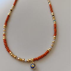 Turuncu ve Gold Renkli Nazar Boncuklu Kolye