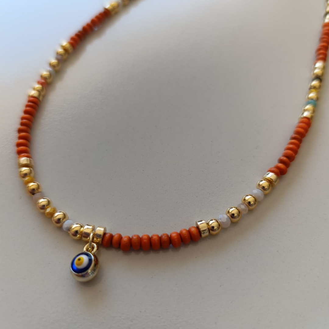Turuncu ve Gold Renkli Nazar Boncuklu Kolye