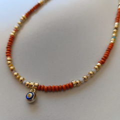 Turuncu ve Gold Renkli Nazar Boncuklu Kolye