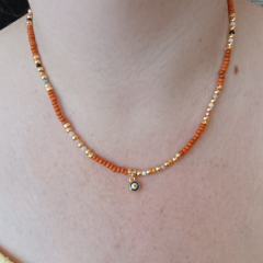 Turuncu ve Gold Renkli Nazar Boncuklu Kolye