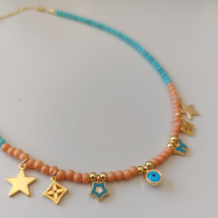 Turkuaz Yavruağzı Boncuklu Gold Uçlu Kolye