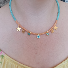 Turkuaz Yavruağzı Boncuklu Gold Uçlu Kolye