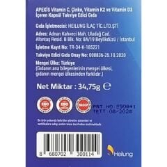 Apexis D3 & K2 Complex C Vitamini ve Çinko İçeren 30 Kapsül