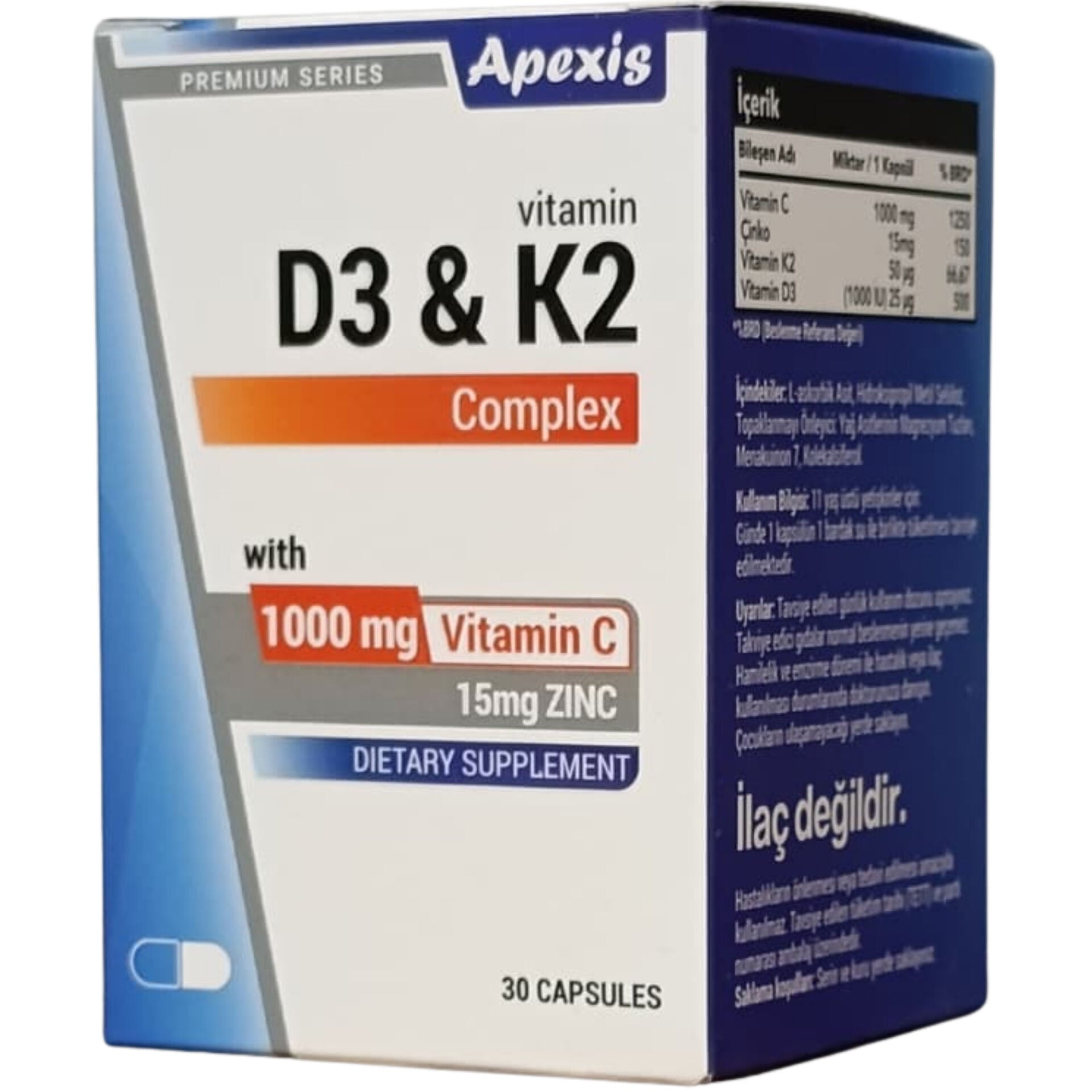 Apexis D3 & K2 Complex C Vitamini ve Çinko İçeren 30 Kapsül
