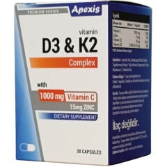 Apexis D3 & K2 Complex C Vitamini ve Çinko İçeren 30 Kapsül