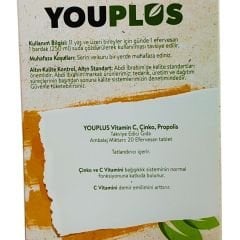 Youplus Vitamin C Çinko Propolis 20 Efervesan Tablet Takviye Edici Gıda