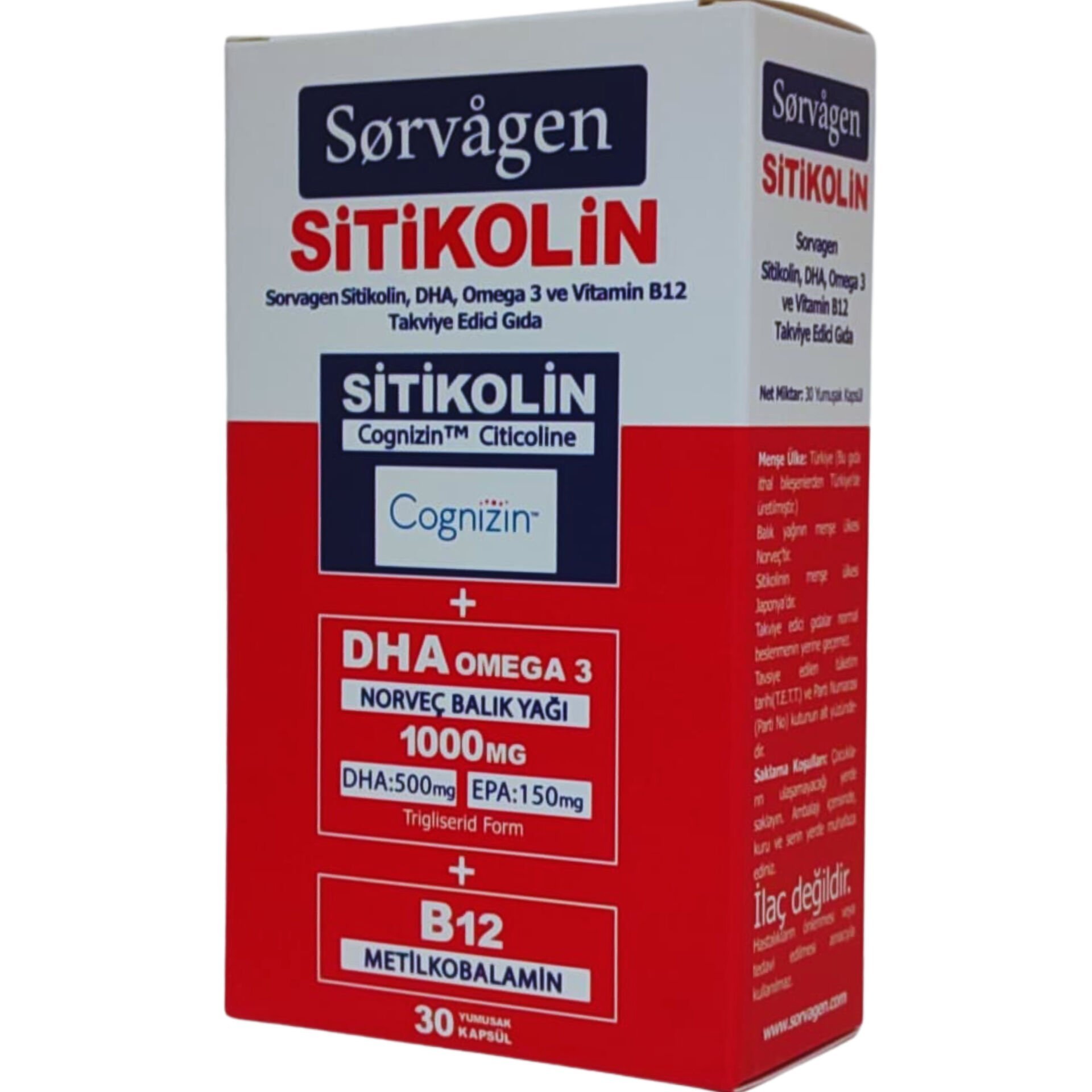 Sorvagen Sitikolin DHA Omega 3 ve B12 30 Kapsül