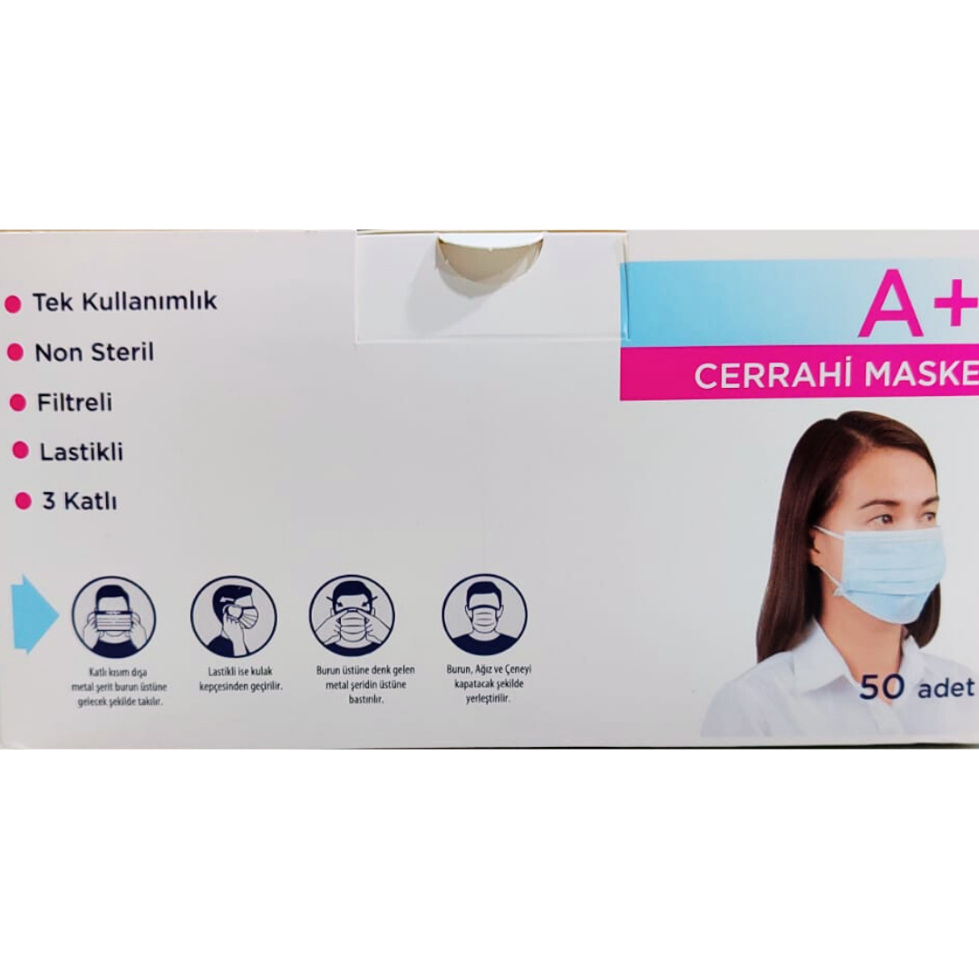 A+ Cerrahi Maske Non Steril 50 adet - 10 lu Paketlerde ÜTS Kayıtlı