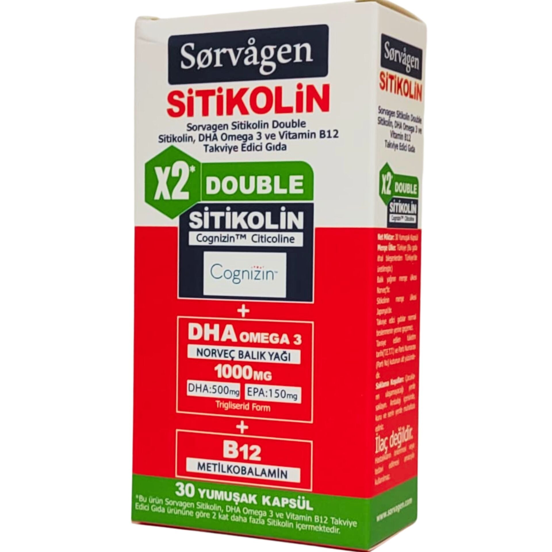 Sorvagen Double  Sitikolin DHA Omega 3 ve Vitamin B12 30 Yumuşak Kapsül