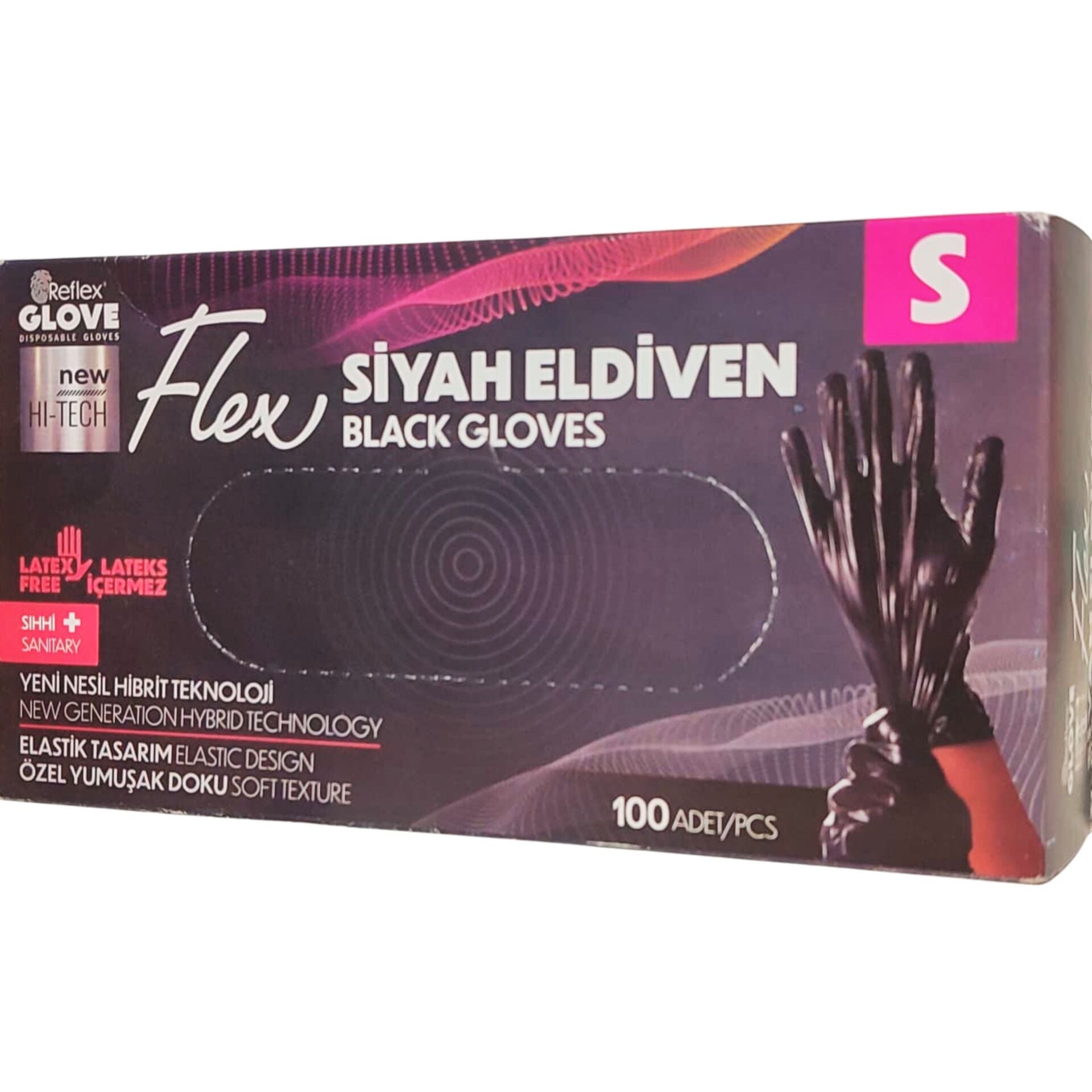 Reflex Flex Yeni Nesil Hibrit Siyah Pudrasız Eldiven Small 100'lü