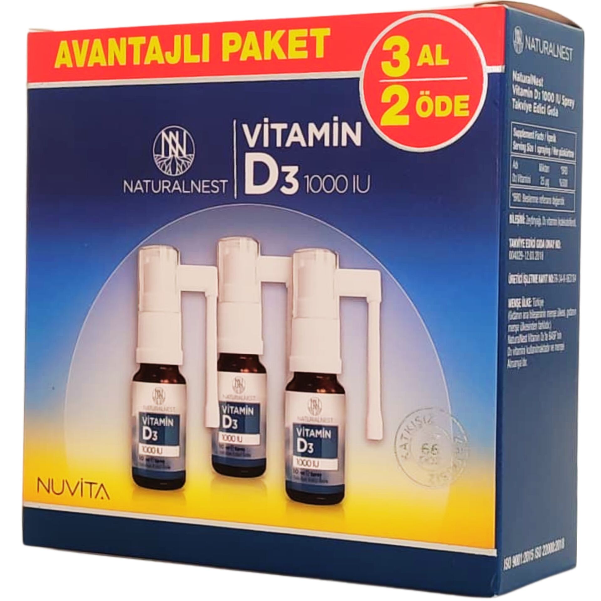 Naturalnest Vitamin D3 1000 IU Sprey 3'lü 10 ml - 3 Al 2 Öde