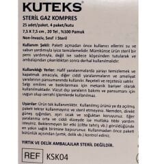 Kuteks Steril Gaz Kompres 7,5 x 7,5 (4x25) 100'lü