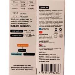 ASBIEN D3+K2 Avokado Yağlı Sıvı Takviye | Yüksek Emilimli Vitamin D3 ve K2 İçeren Oral Sprey / Damla