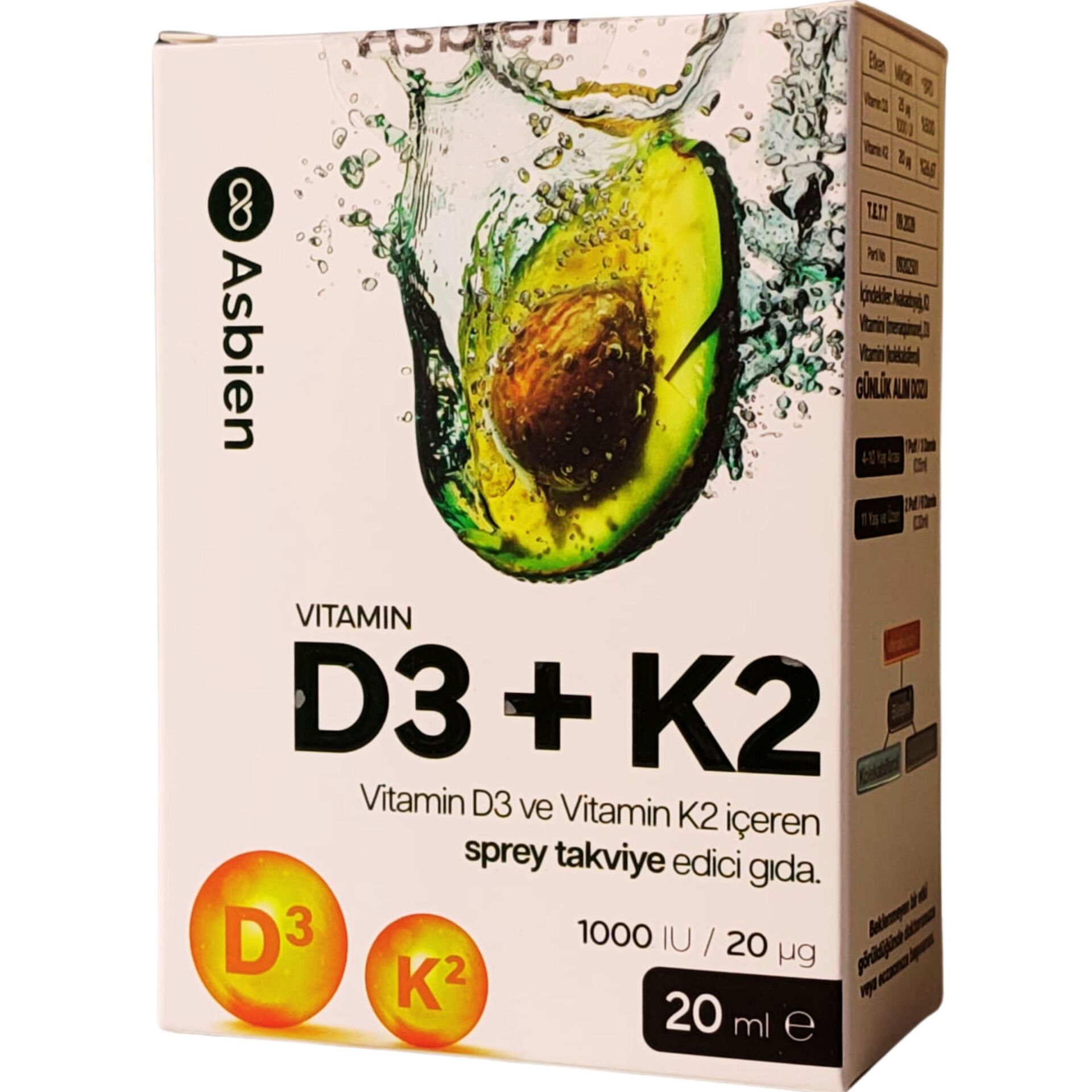 ASBIEN D3+K2 Avokado Yağlı Sıvı Takviye | Yüksek Emilimli Vitamin D3 ve K2 İçeren Oral Sprey / Damla